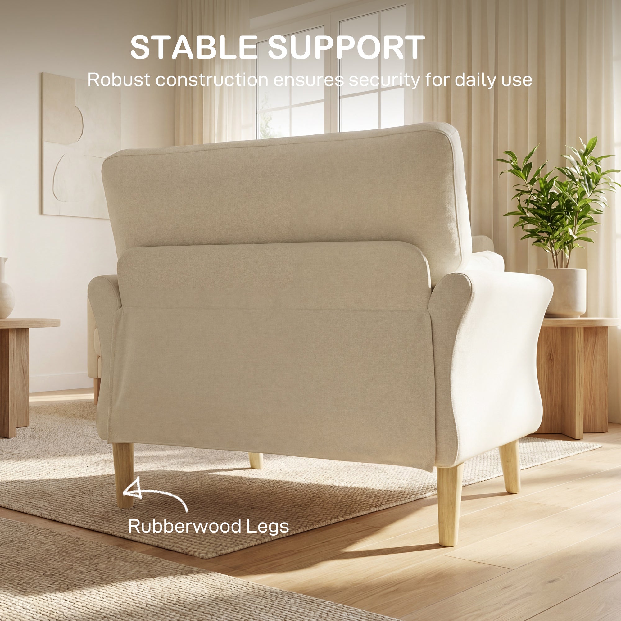 Modern Armchair with Armrests, 32.7" Wide Velvet-Look Seat, Padded Accent Chair with Cushion & Wood Legs, Cream