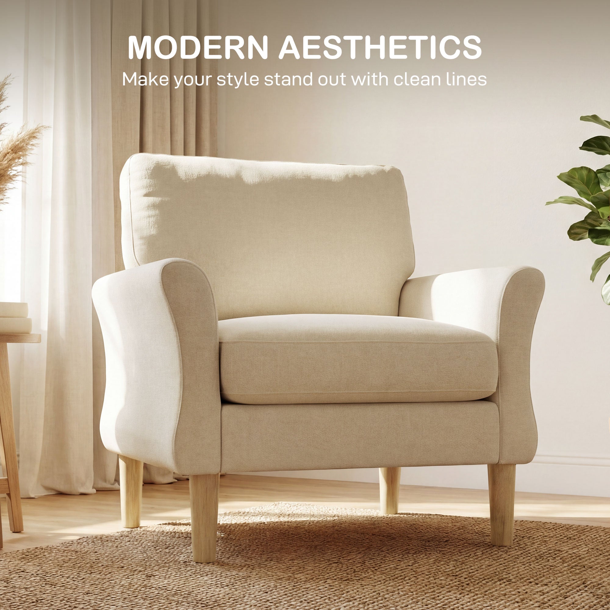 Modern Armchair with Armrests, 32.7" Wide Velvet-Look Seat, Padded Accent Chair with Cushion & Wood Legs, Cream