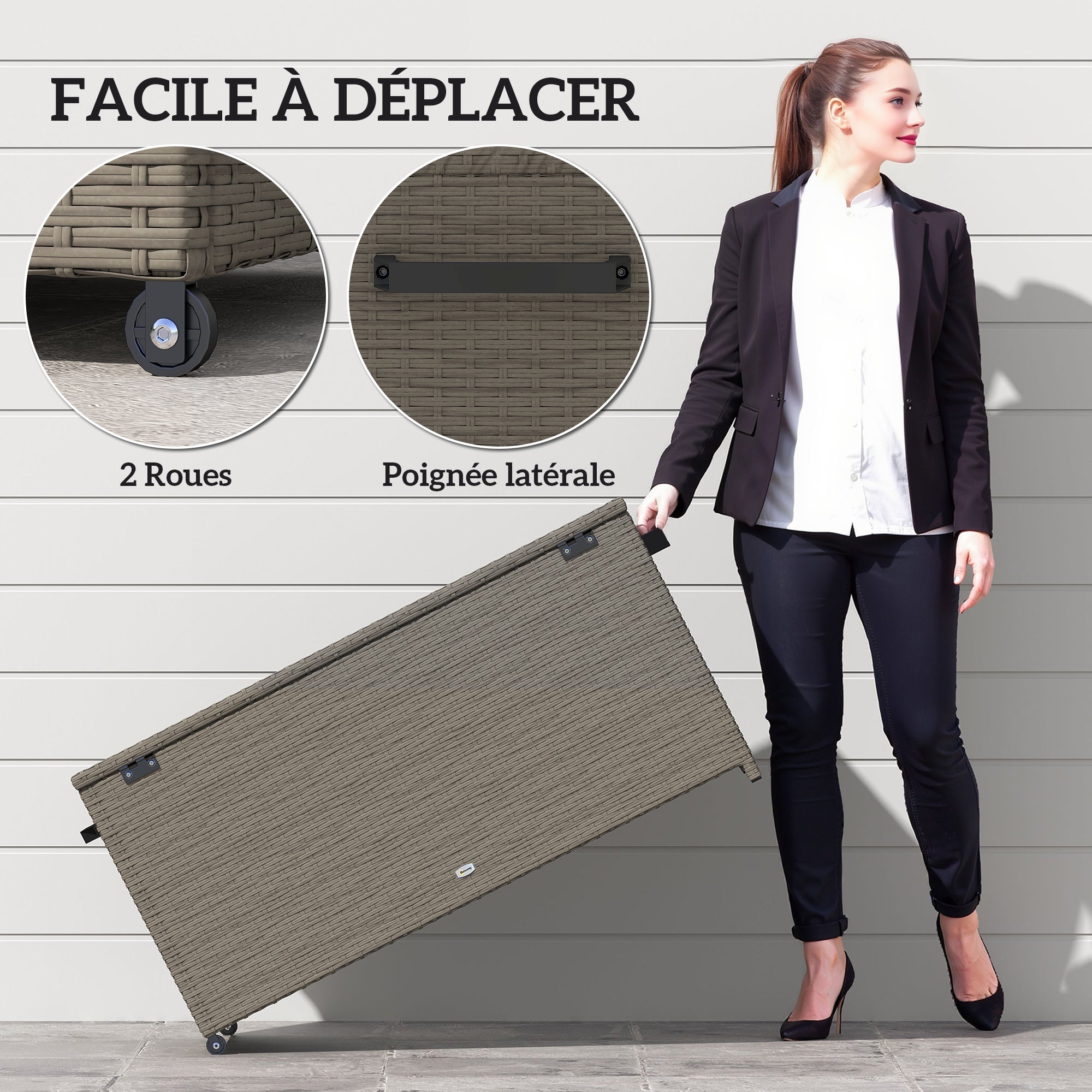 Outdoor Resin Wicker Garden Storage Chest, 184 L Outdoor Storage Chest with Wheels, Gas Struts, UV-Resistant for Outdoor, Garden, Balcony, 102 x 52 x 52 cm Grey