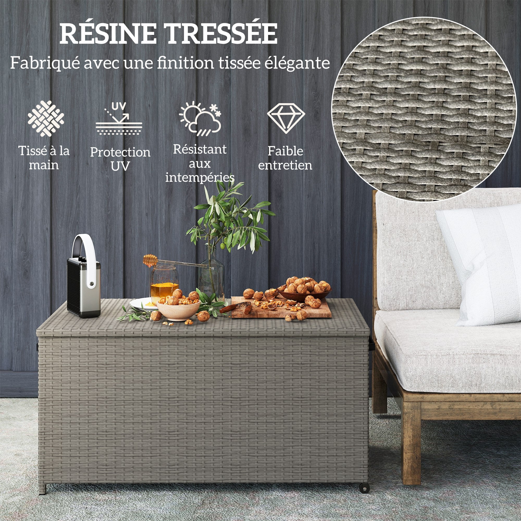 Outdoor Resin Wicker Garden Storage Chest, 184 L Outdoor Storage Chest with Wheels, Gas Struts, UV-Resistant for Outdoor, Garden, Balcony, 102 x 52 x 52 cm Grey