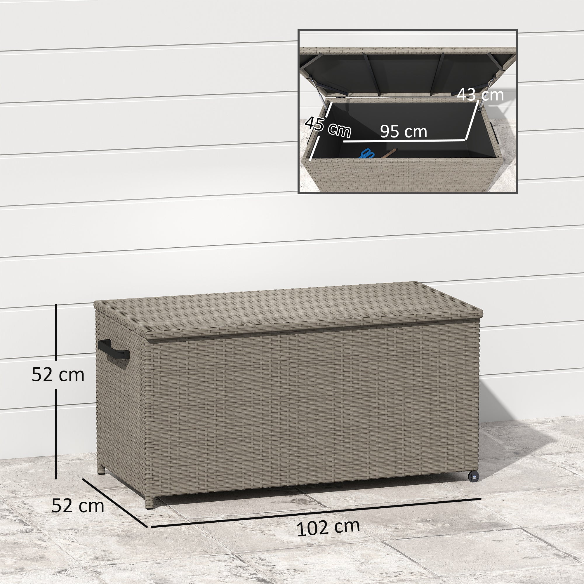 Outdoor Resin Wicker Garden Storage Chest, 184 L Outdoor Storage Chest with Wheels, Gas Struts, UV-Resistant for Outdoor, Garden, Balcony, 102 x 52 x 52 cm Grey