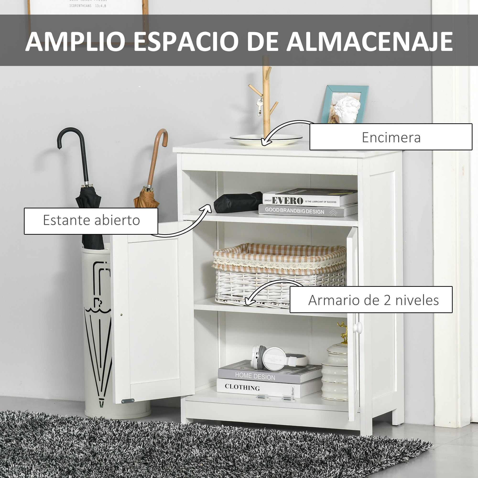 Bathroom Auxiliary Cabinet with 2 Doors Adjustable Interior Shelf and Open Compartment Bathroom Furniture for Living Room Kitchen 60x30x80 cm White