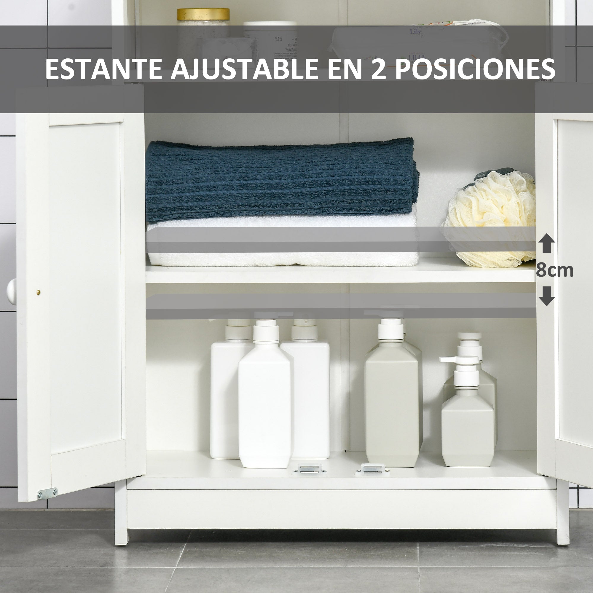Bathroom Auxiliary Cabinet with 2 Doors Adjustable Interior Shelf and Open Compartment Bathroom Furniture for Living Room Kitchen 60x30x80 cm White