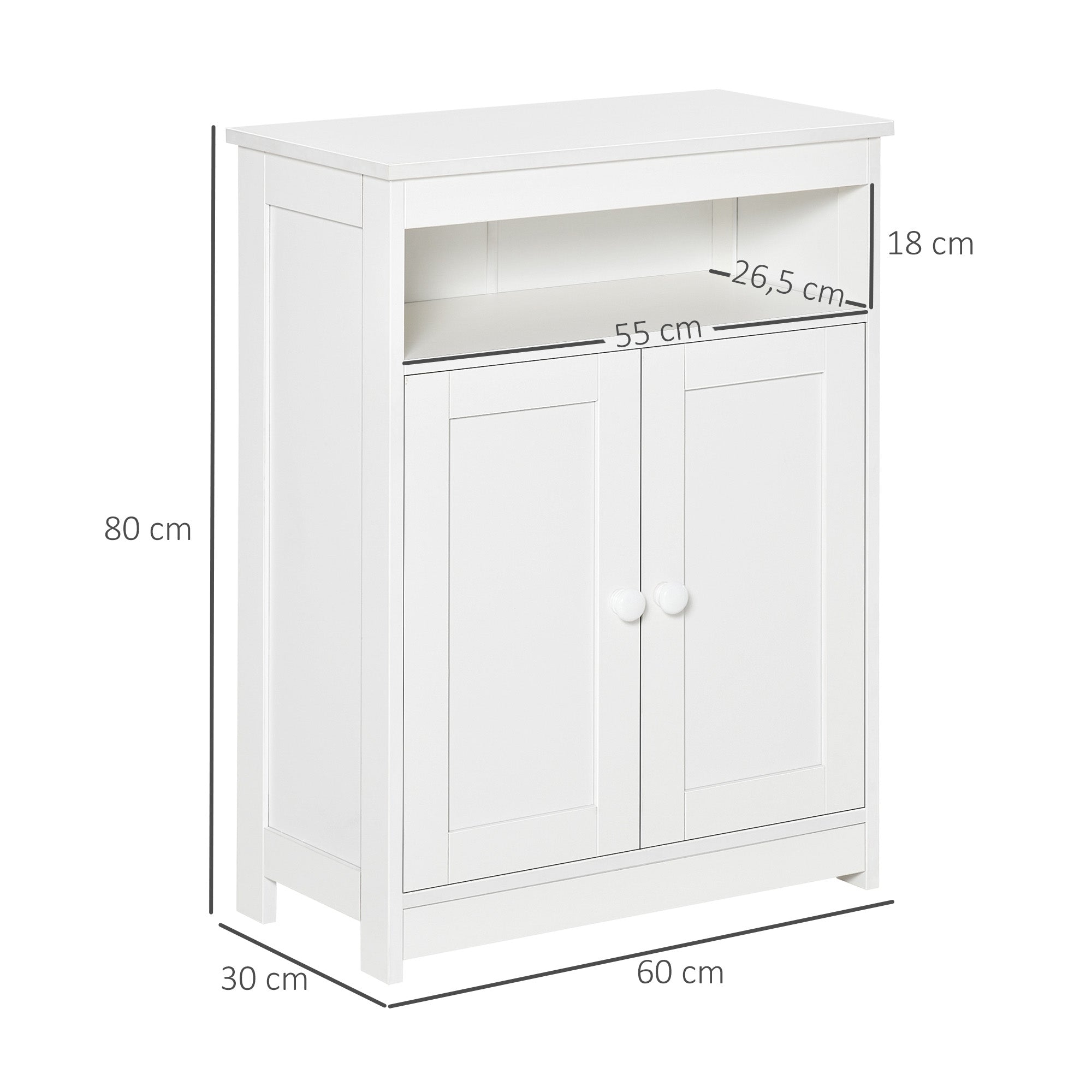 Bathroom Auxiliary Cabinet with 2 Doors Adjustable Interior Shelf and Open Compartment Bathroom Furniture for Living Room Kitchen 60x30x80 cm White