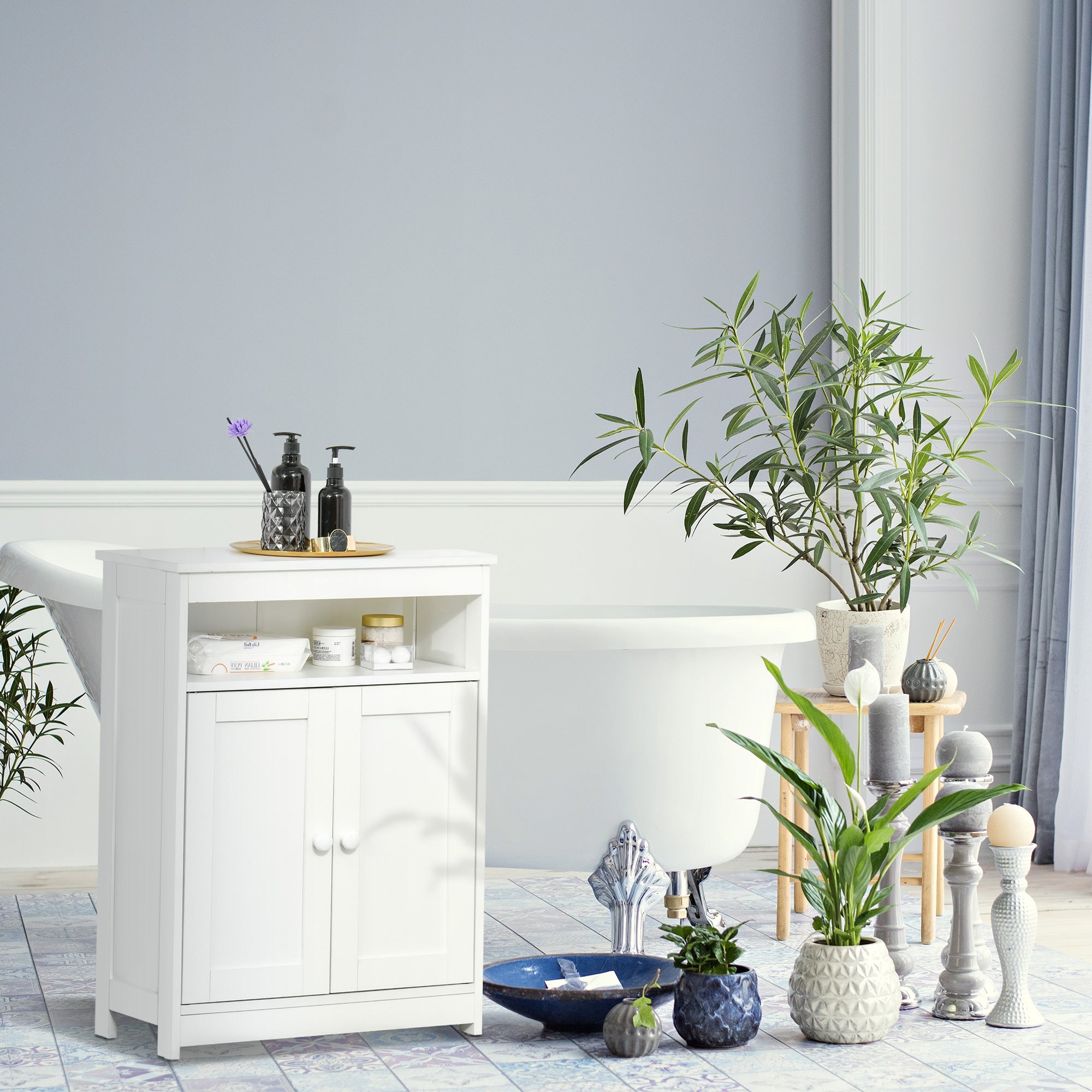 Bathroom Auxiliary Cabinet with 2 Doors Adjustable Interior Shelf and Open Compartment Bathroom Furniture for Living Room Kitchen 60x30x80 cm White