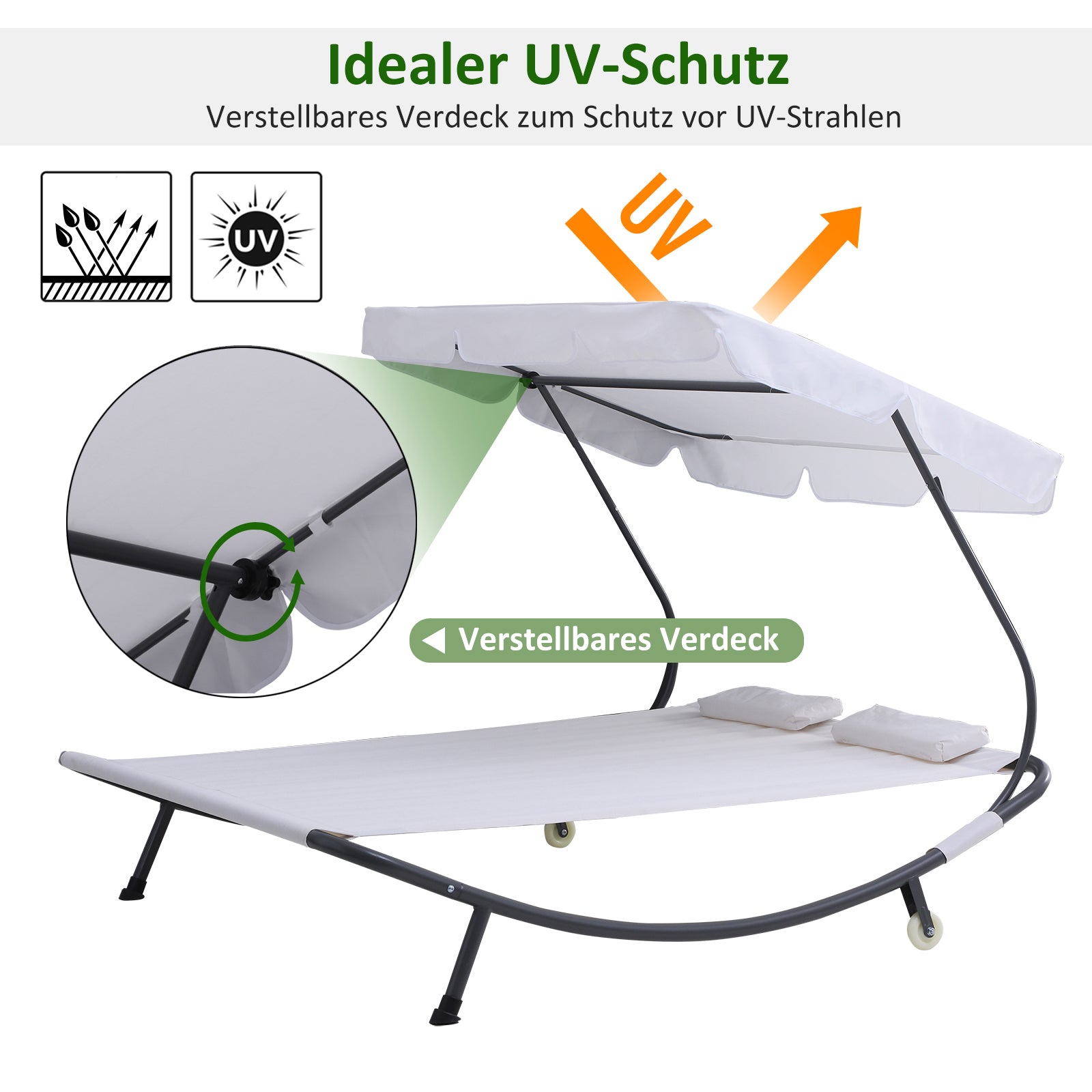 Sun Lounger with Wheels, Camping Bed with Headrest, UV-Resistant and Water-Repellent Canopy, Garden Bed Sun Lounger Holds Up to 220kg, Cream White, for Balcony, Garden