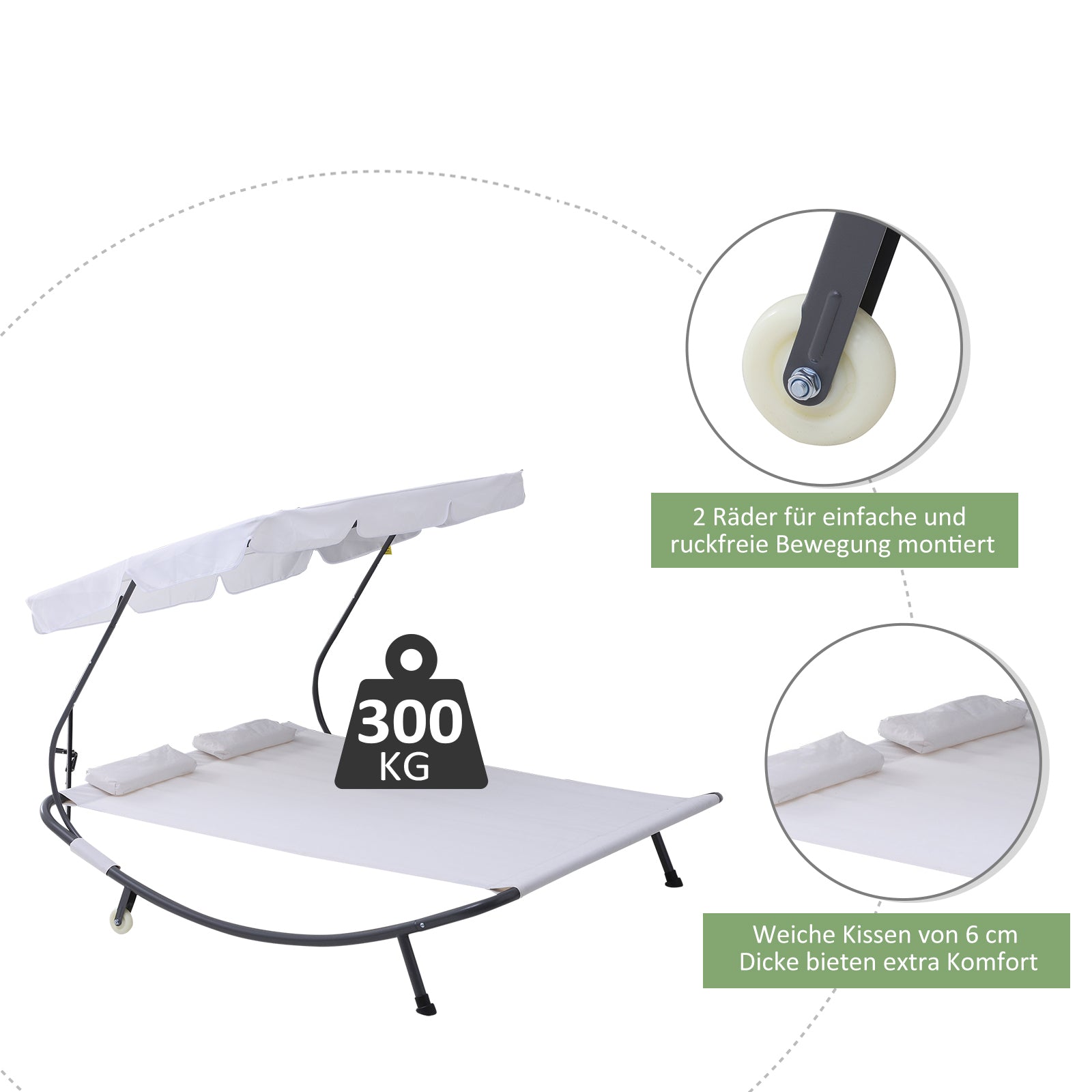 Sun Lounger with Wheels, Camping Bed with Headrest, UV-Resistant and Water-Repellent Canopy, Garden Bed Sun Lounger Holds Up to 220kg, Cream White, for Balcony, Garden