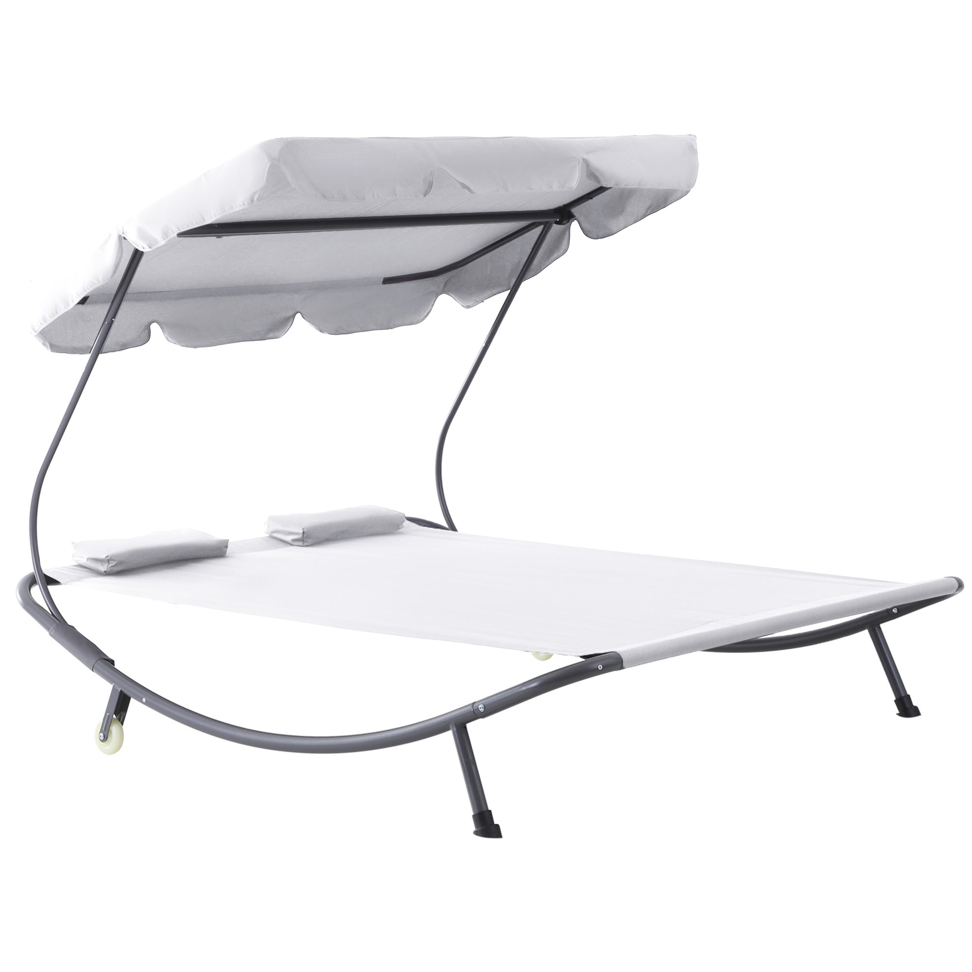 Sun Lounger with Wheels, Camping Bed with Headrest, UV-Resistant and Water-Repellent Canopy, Garden Bed Sun Lounger Holds Up to 220kg, Cream White, for Balcony, Garden