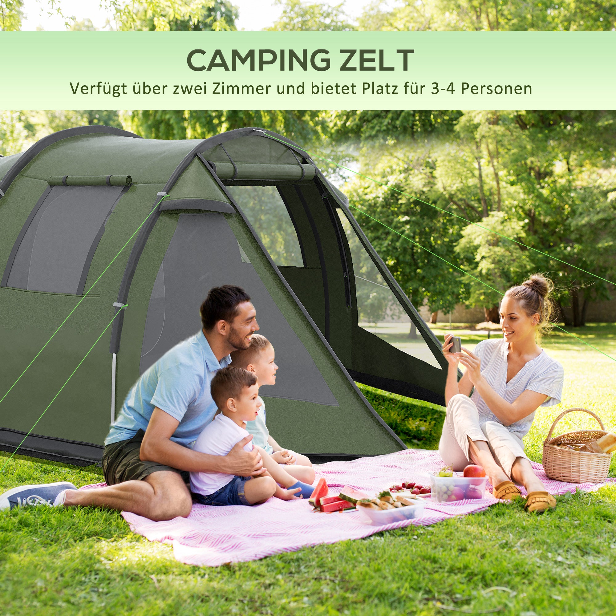 Camping Tent for 4 Persons Light, Stable Waterproof Family Tent with Door Window, Carry Bag, Tunnel Tent with 2000mm Water Column Tent for Camping Travel Trekking Garden