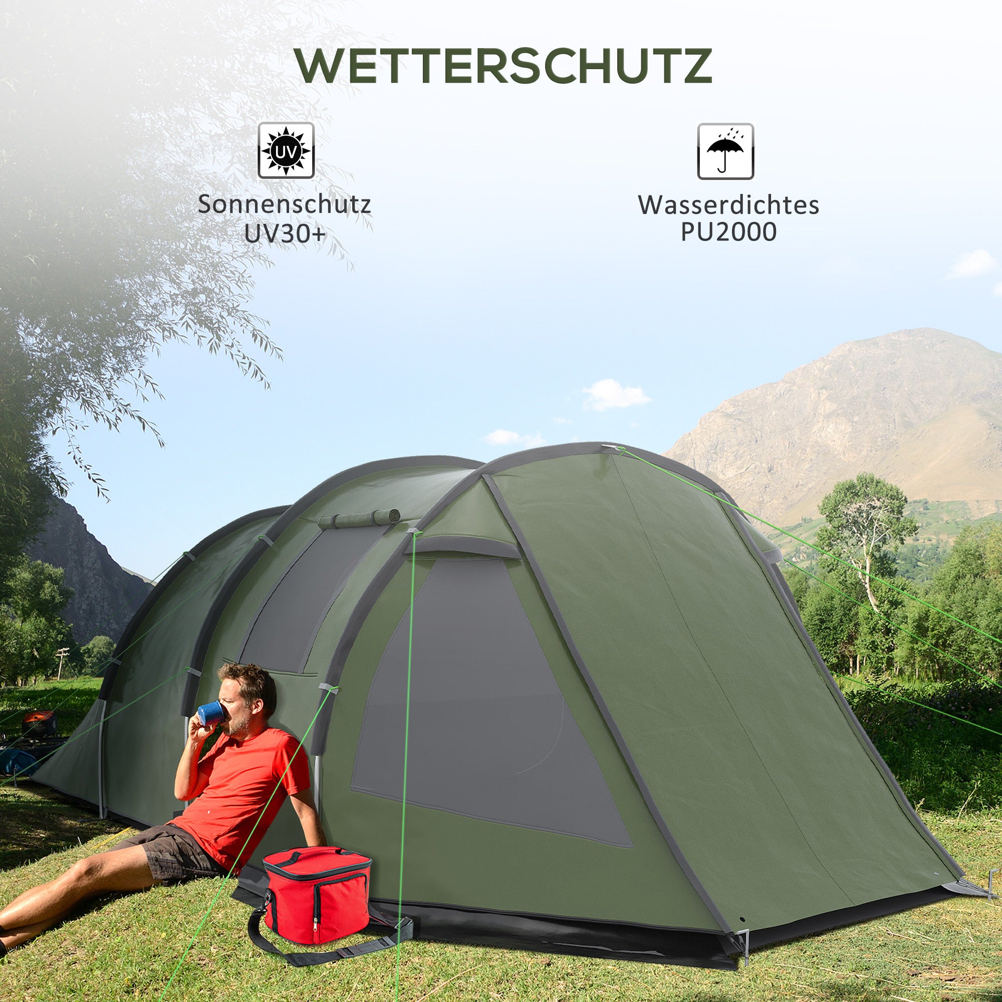 Camping Tent for 4 Persons Light, Stable Waterproof Family Tent with Door Window, Carry Bag, Tunnel Tent with 2000mm Water Column Tent for Camping Travel Trekking Garden