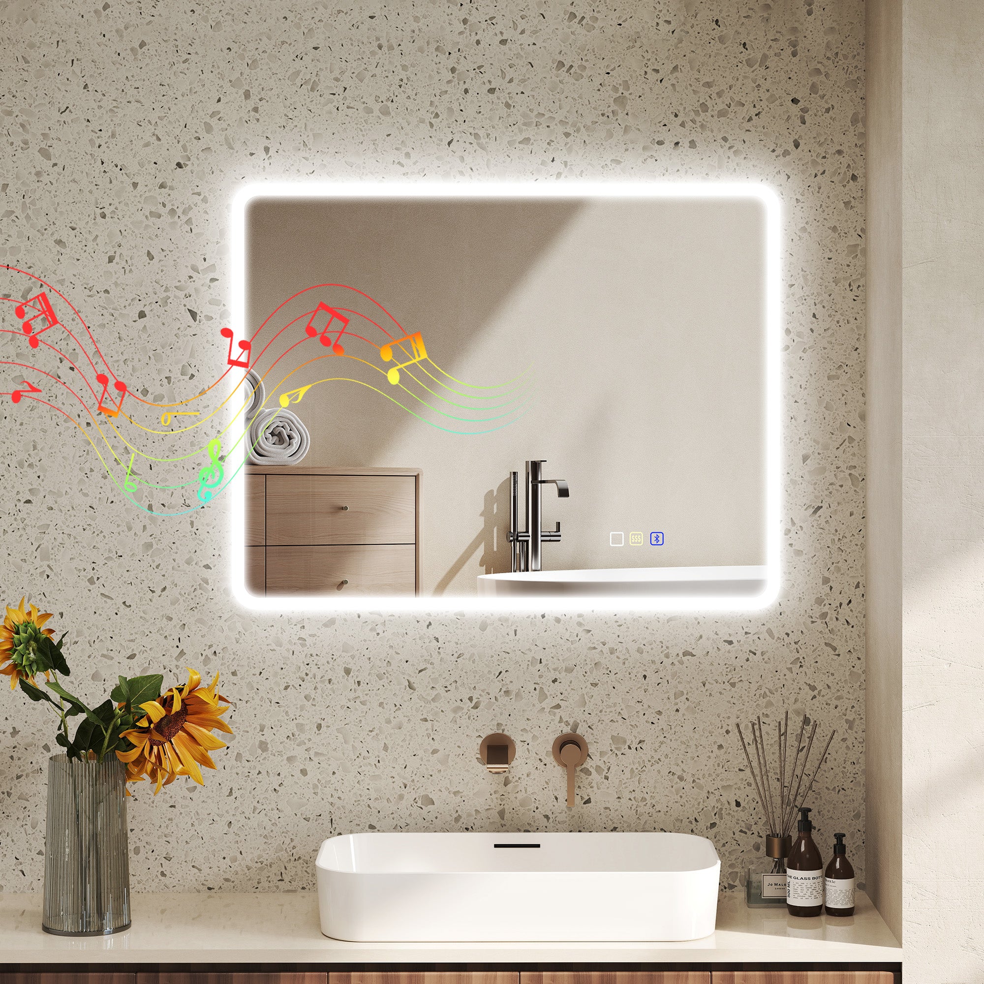 Bluetooth Bathroom Mirror 70 x 90 cm, Wall LED Bathroom Mirror with Touch Switch, 3 Color Adjustable Light, Anti-Fog, Memory - Silver