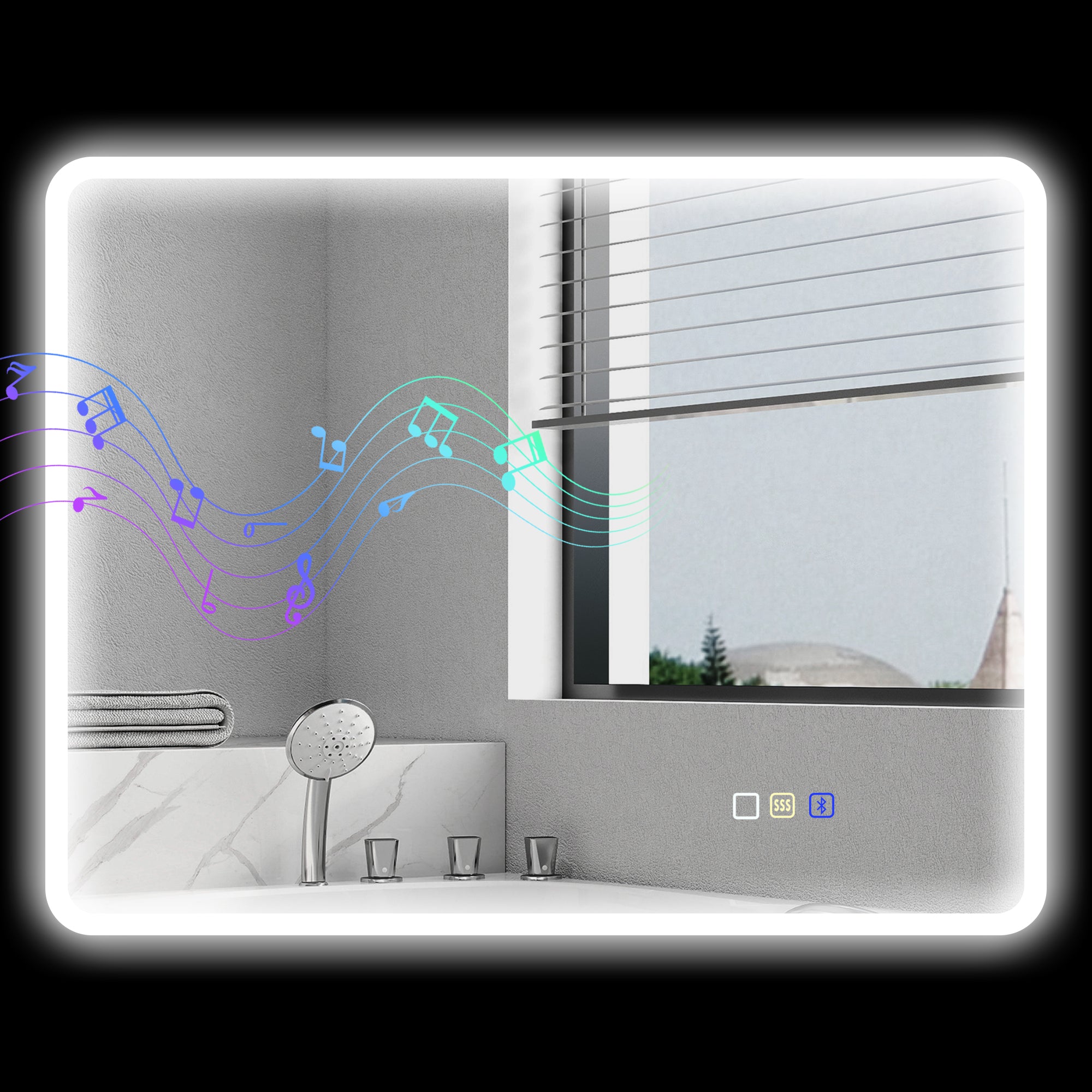 Bluetooth Bathroom Mirror 70 x 90 cm, Wall LED Bathroom Mirror with Touch Switch, 3 Color Adjustable Light, Anti-Fog, Memory - Silver