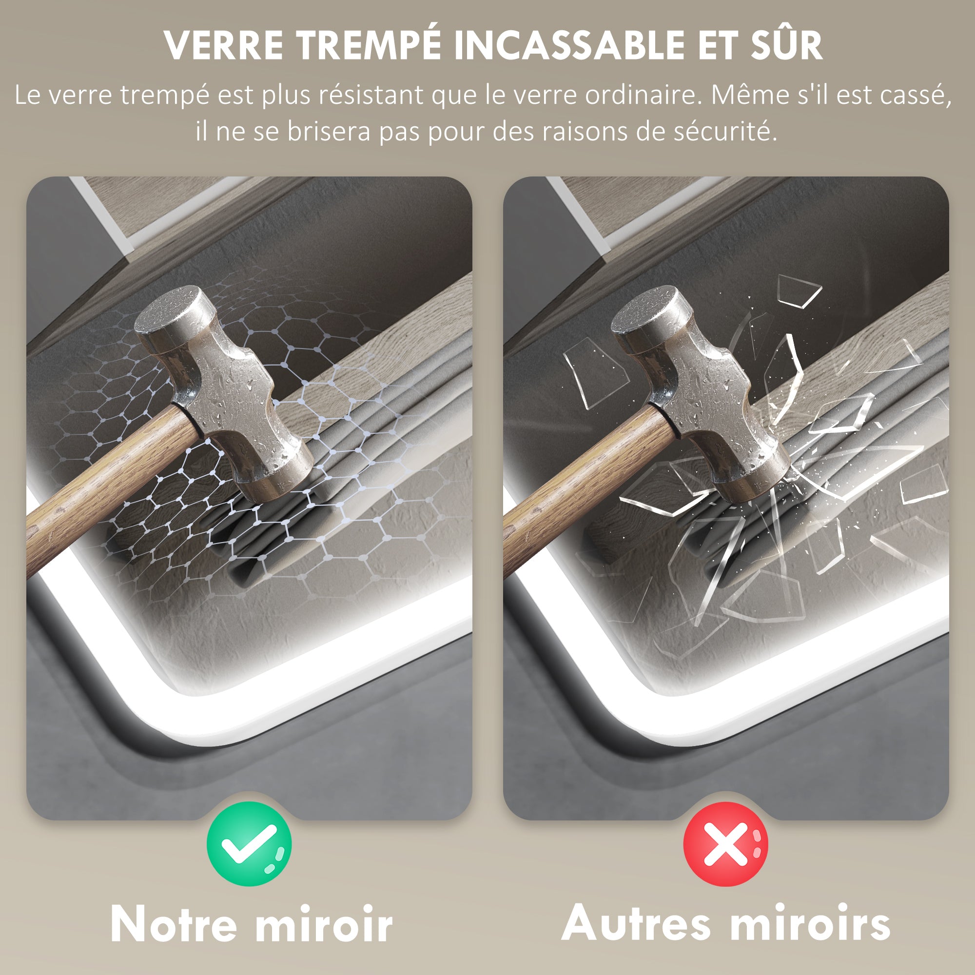 Bluetooth Bathroom Mirror 70 x 90 cm, Wall LED Bathroom Mirror with Touch Switch, 3 Color Adjustable Light, Anti-Fog, Memory - Silver