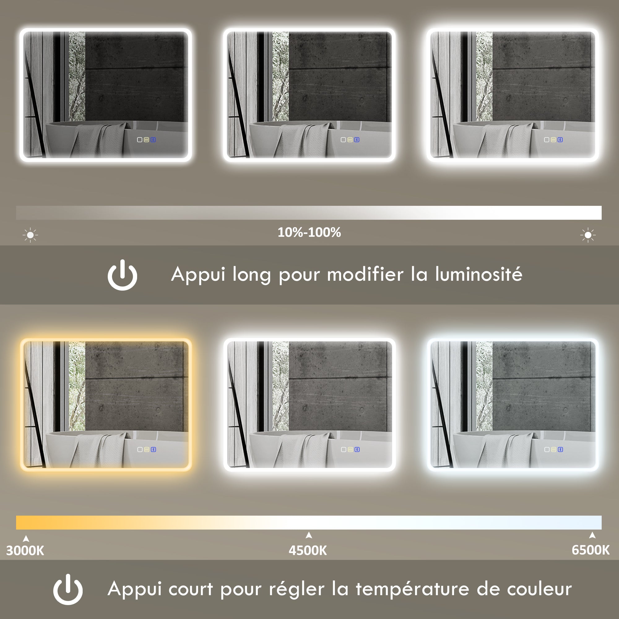 Bluetooth Bathroom Mirror 70 x 90 cm, Wall LED Bathroom Mirror with Touch Switch, 3 Color Adjustable Light, Anti-Fog, Memory - Silver