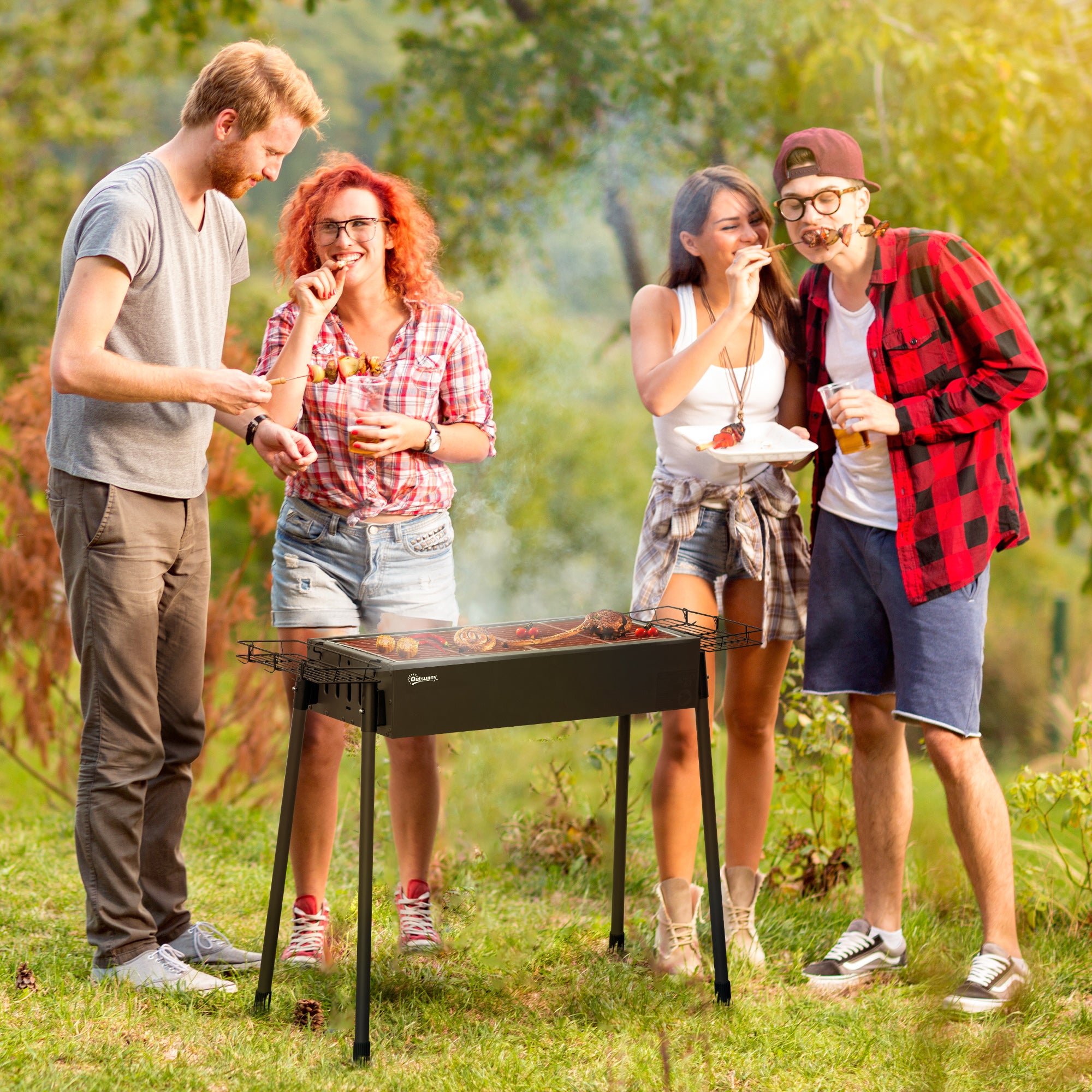 Portable Charcoal BBQ Grill with 2 Stainless Steel Grills and 2 Spice Shelves for Camping Picnic Garden 94x39x70 cm Black