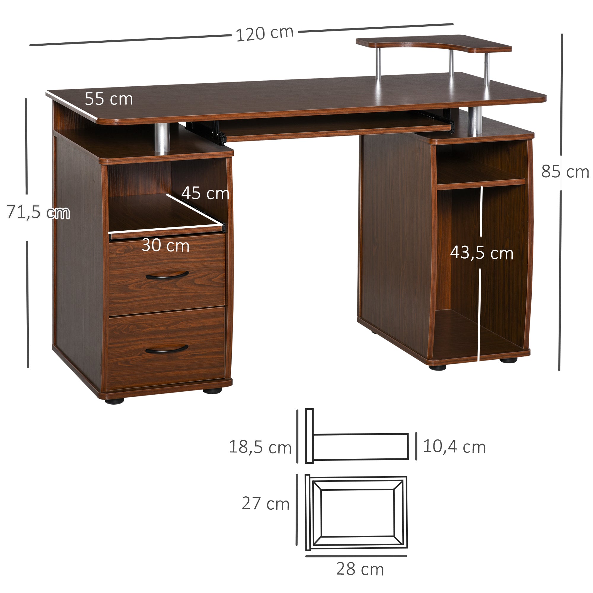 47.2'' Computer Desk Office Desk with Multiple Shelves, 2 Drawers, Keyboard Tray, Monitor Stand CPU Holder 47.2x21.7x33.5 inches Brown