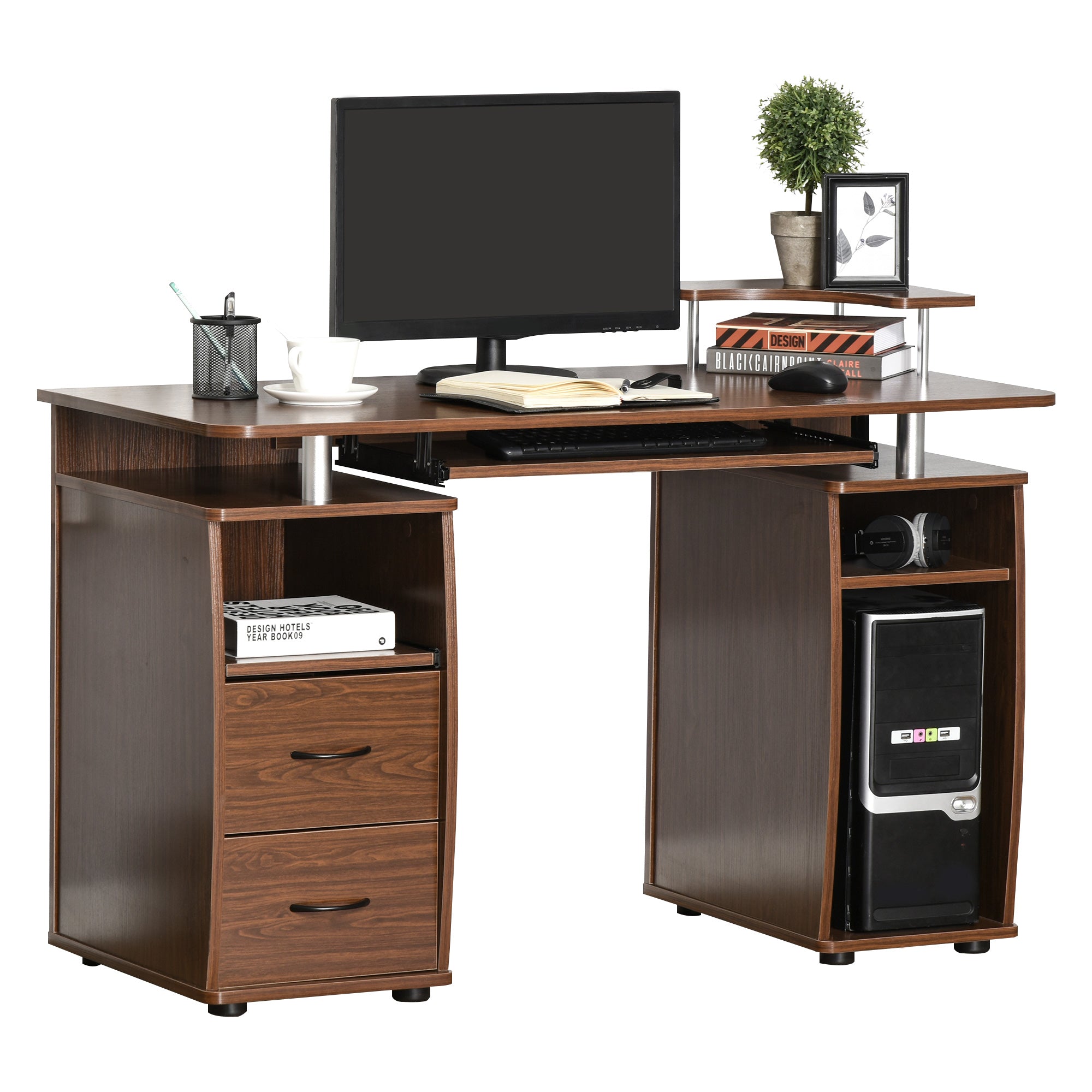 47.2'' Computer Desk Office Desk with Multiple Shelves, 2 Drawers, Keyboard Tray, Monitor Stand CPU Holder 47.2x21.7x33.5 inches Brown