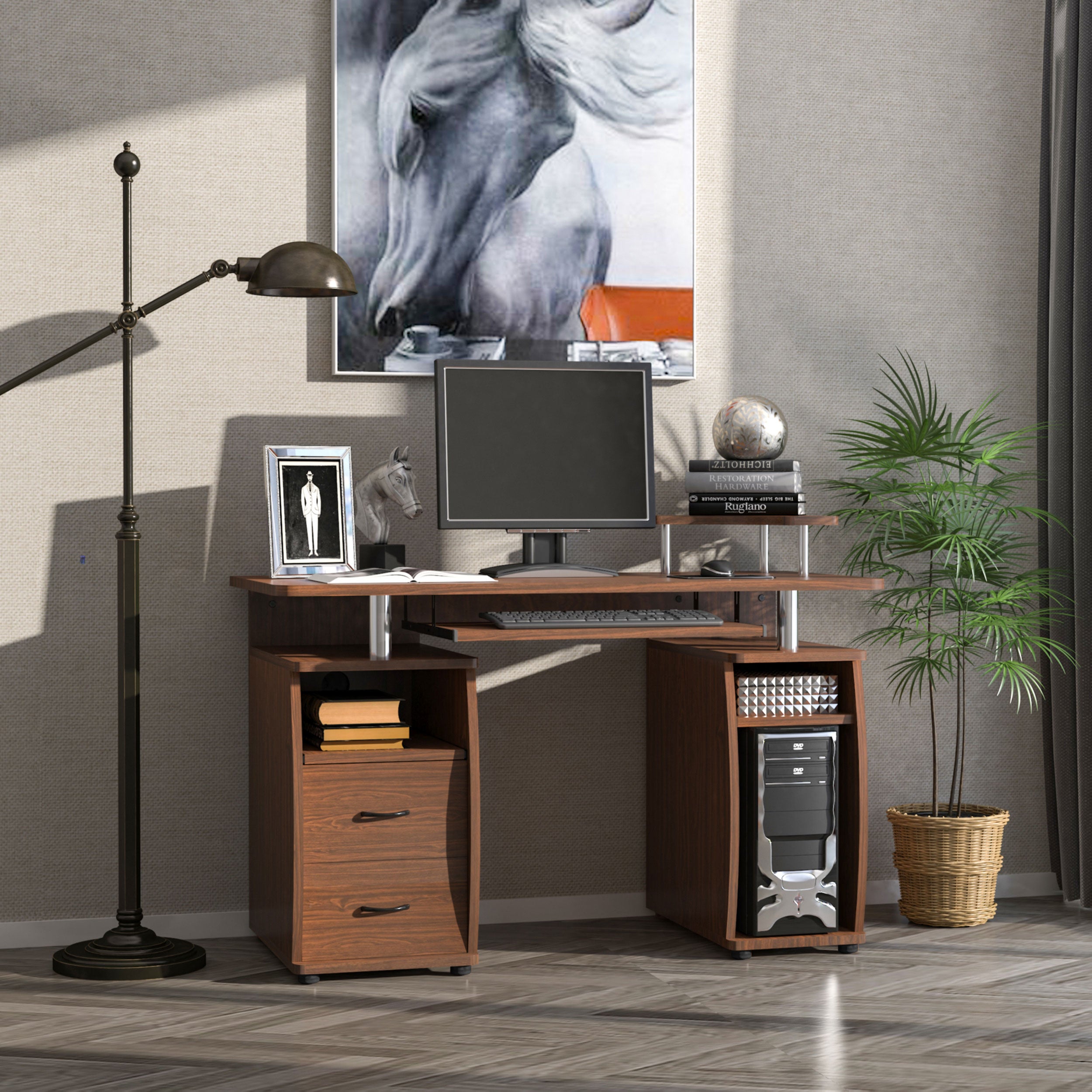 47.2'' Computer Desk Office Desk with Multiple Shelves, 2 Drawers, Keyboard Tray, Monitor Stand CPU Holder 47.2x21.7x33.5 inches Brown