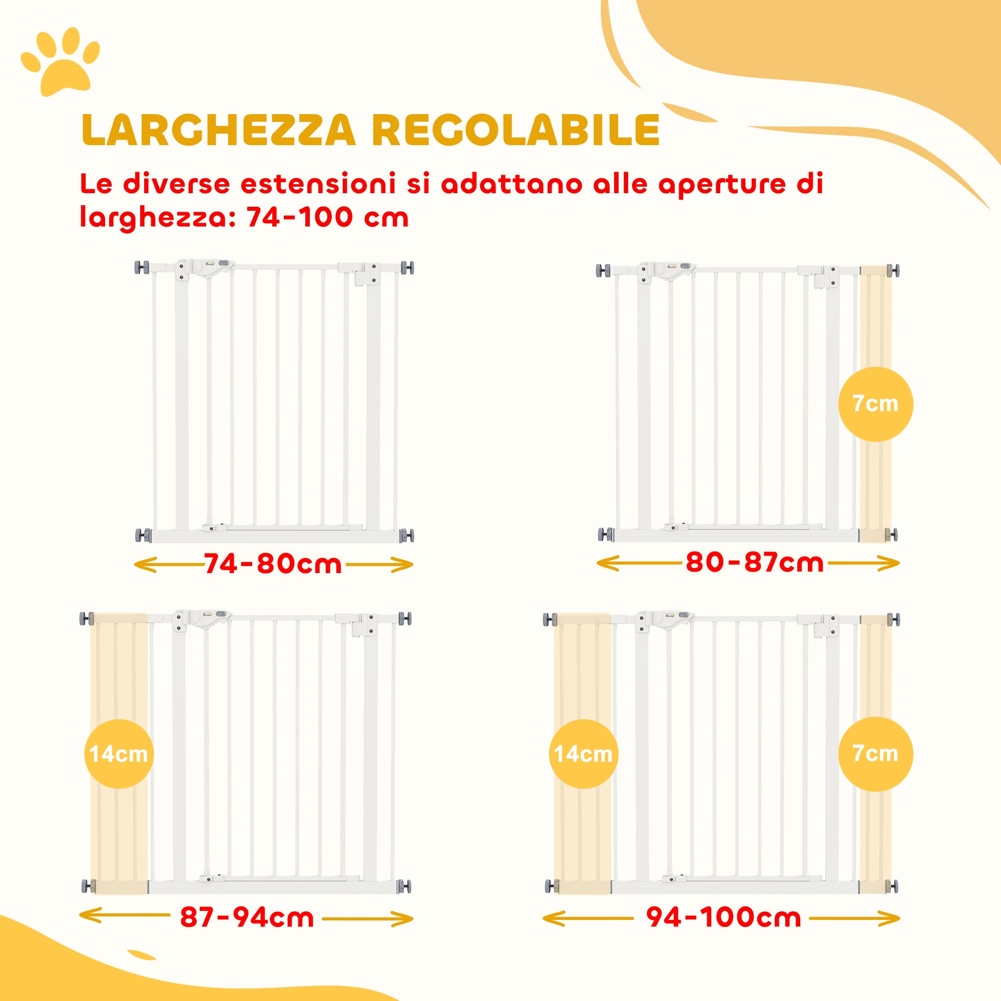 Dog and Pet Gate 2 Extensions Adjustable Width Up to 100 cm with Automatic Closure, White