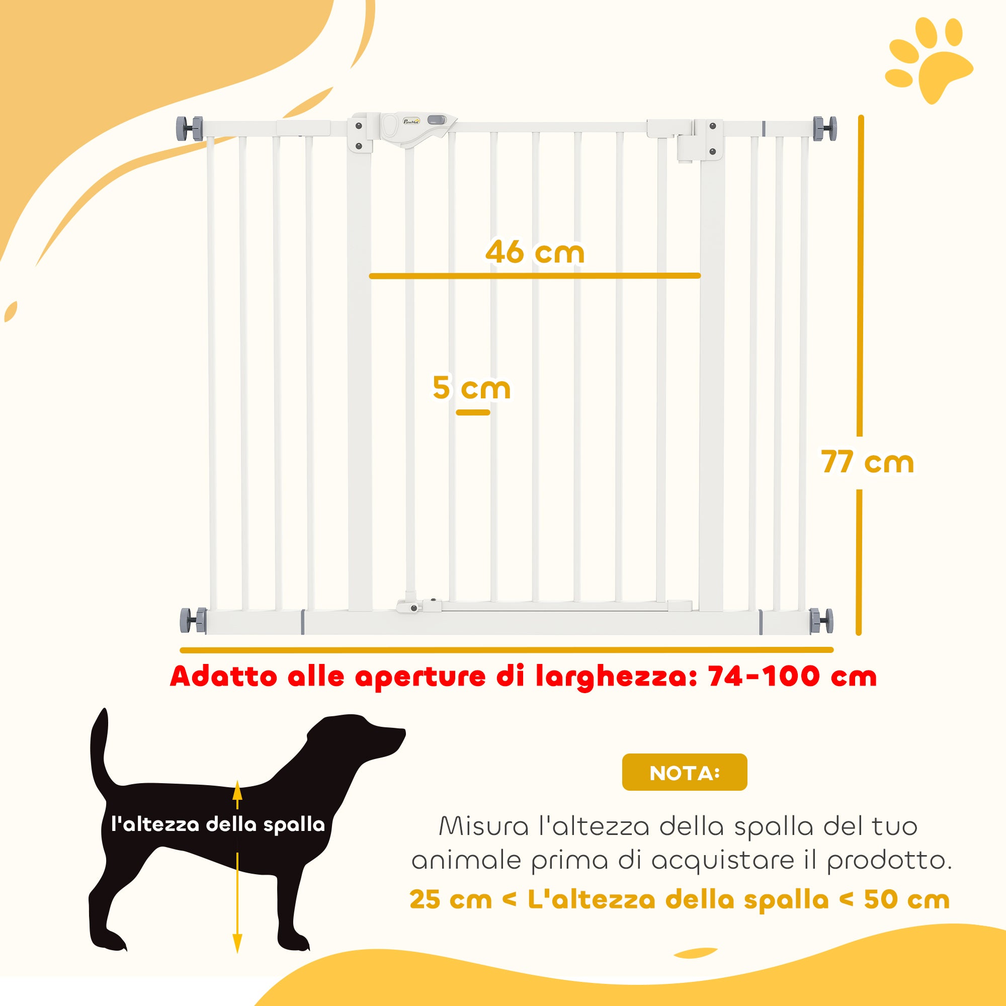 Dog and Pet Gate 2 Extensions Adjustable Width Up to 100 cm with Automatic Closure, White