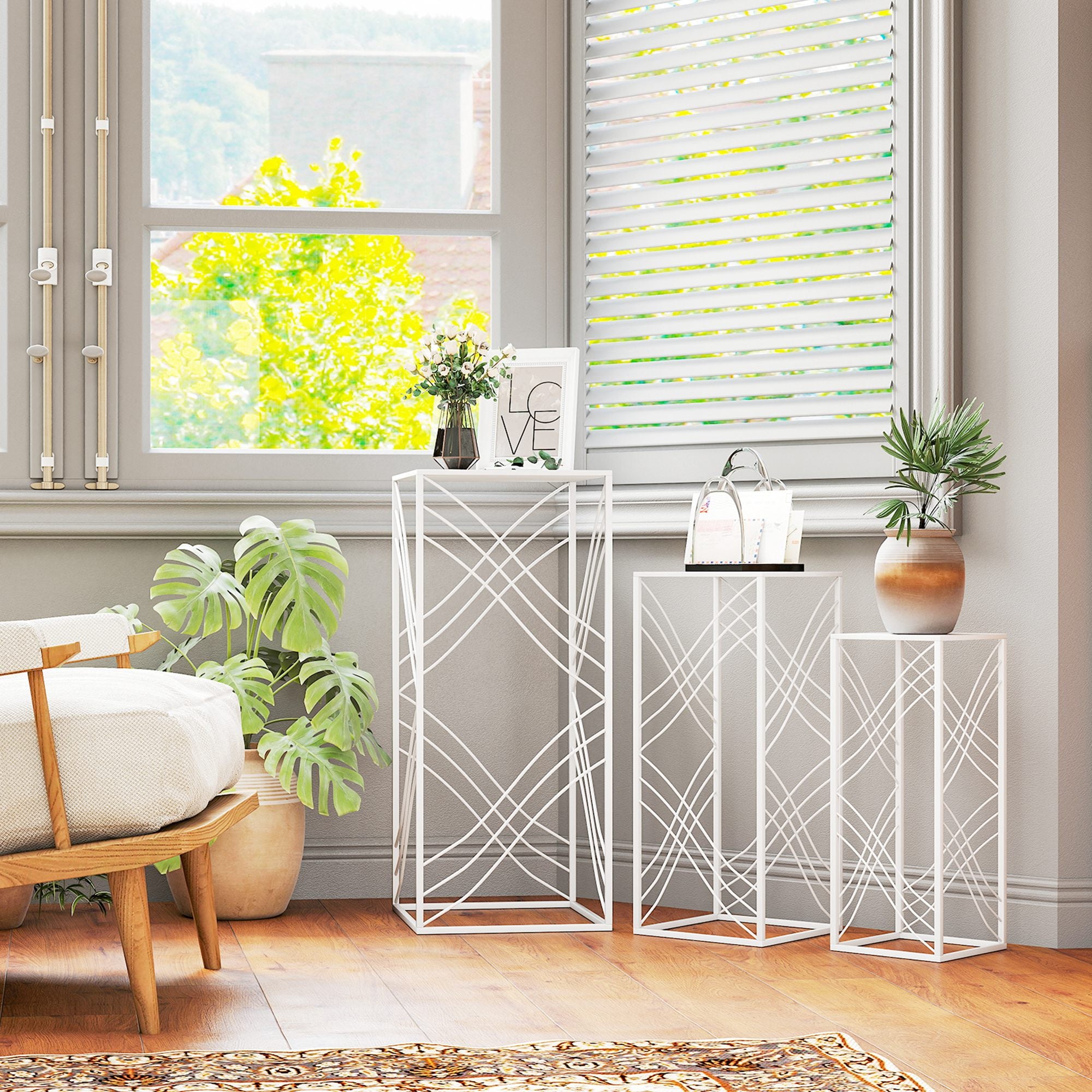 3-Piece Stackable Plant Stand Set — Powder-Coated Metal, White; Heights 19.7"/23.6"/27.6" (50/60/70 cm), Load Capacity up to 66/44/22 lb