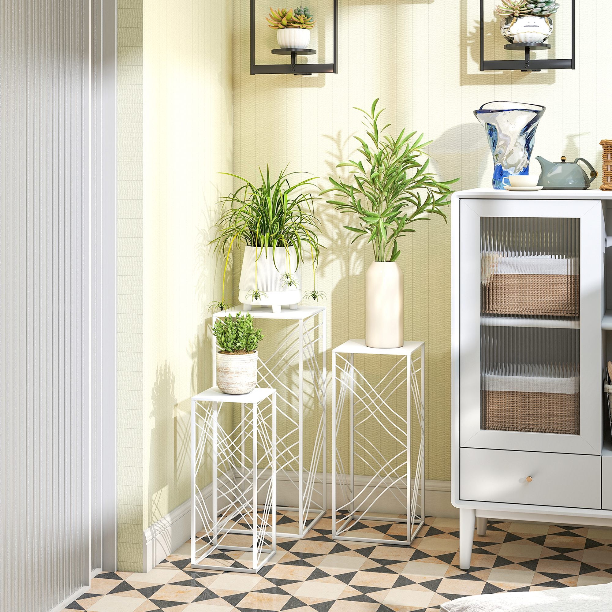 3-Piece Stackable Plant Stand Set — Powder-Coated Metal, White; Heights 19.7"/23.6"/27.6" (50/60/70 cm), Load Capacity up to 66/44/22 lb