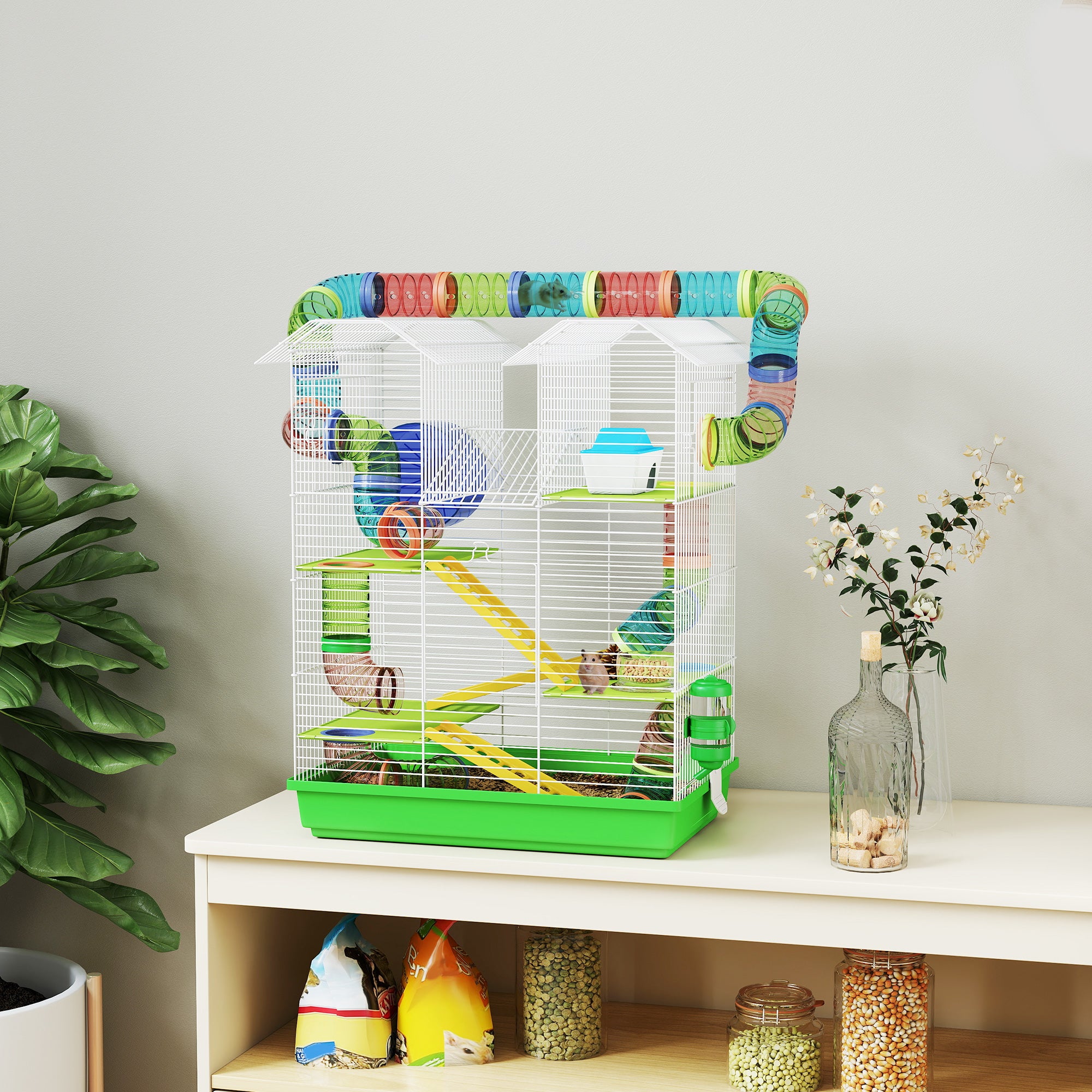 Hamster Mouse Small Animal Rodent Cage with Tunnel Feeder Wheel Toy 47 x 30 x 59 cm Green