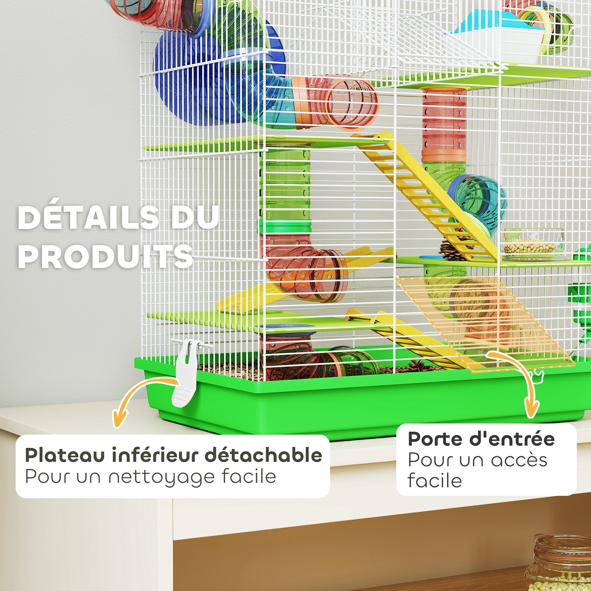 Hamster Mouse Small Animal Rodent Cage with Tunnel Feeder Wheel Toy 47 x 30 x 59 cm Green
