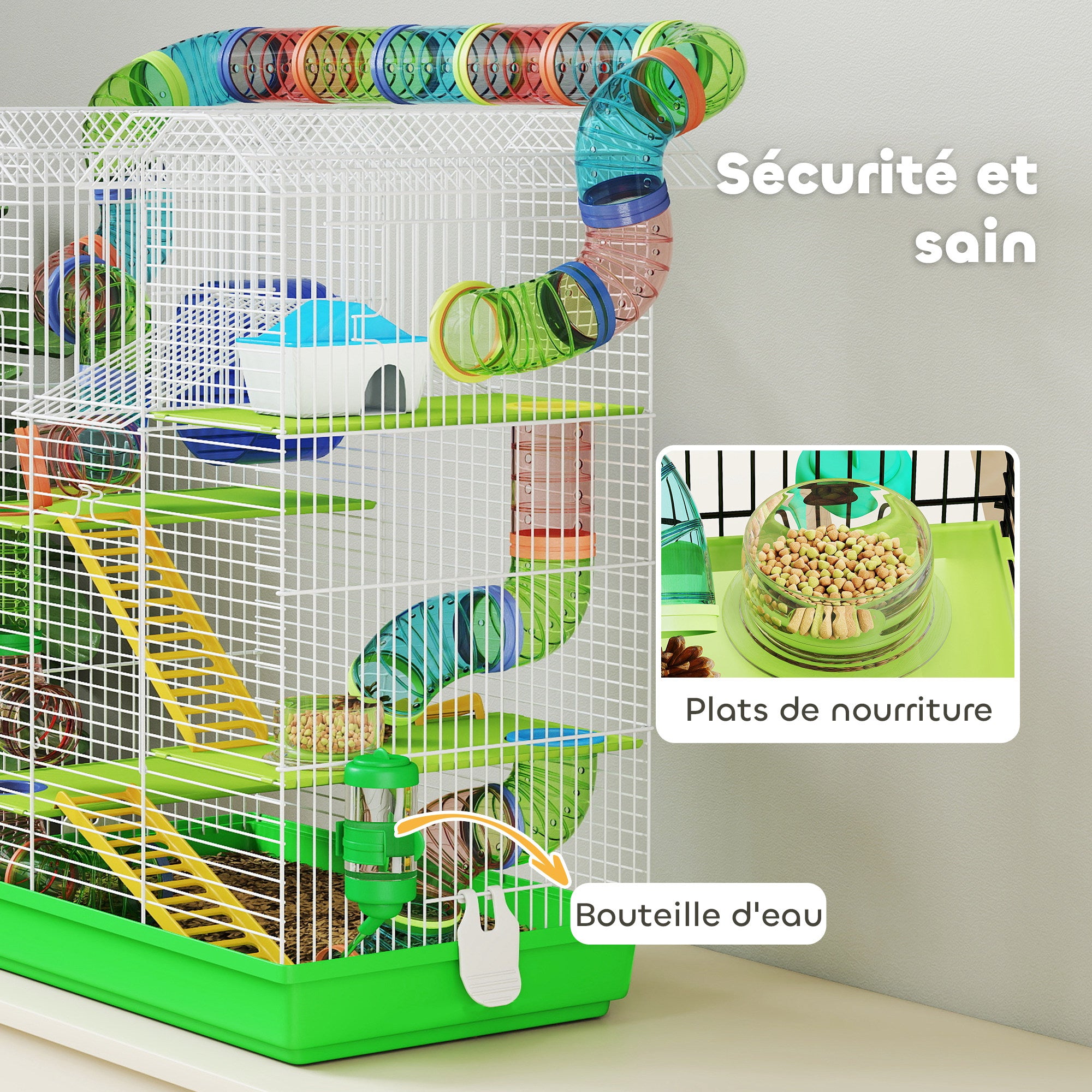 Hamster Mouse Small Animal Rodent Cage with Tunnel Feeder Wheel Toy 47 x 30 x 59 cm Green