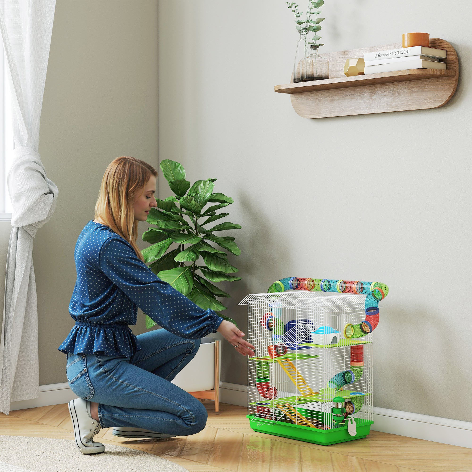 Hamster Mouse Small Animal Rodent Cage with Tunnel Feeder Wheel Toy 47 x 30 x 59 cm Green