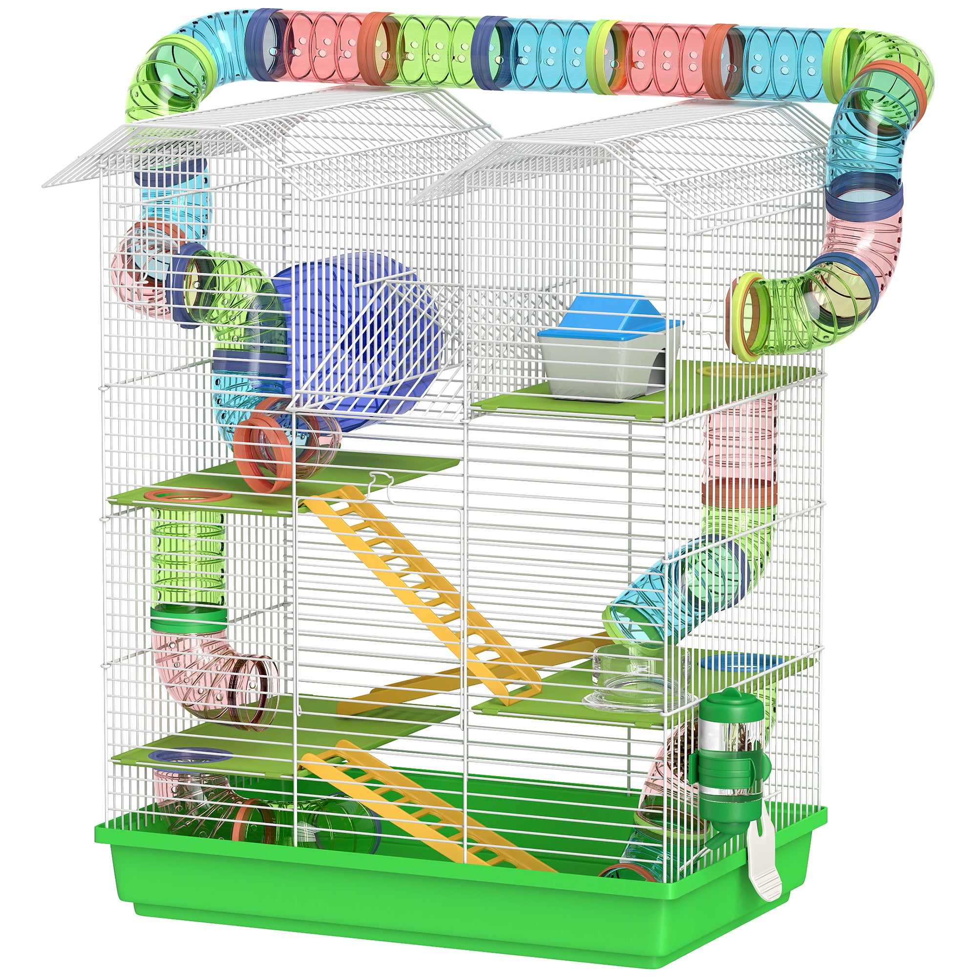 Hamster Mouse Small Animal Rodent Cage with Tunnel Feeder Wheel Toy 47 x 30 x 59 cm Green