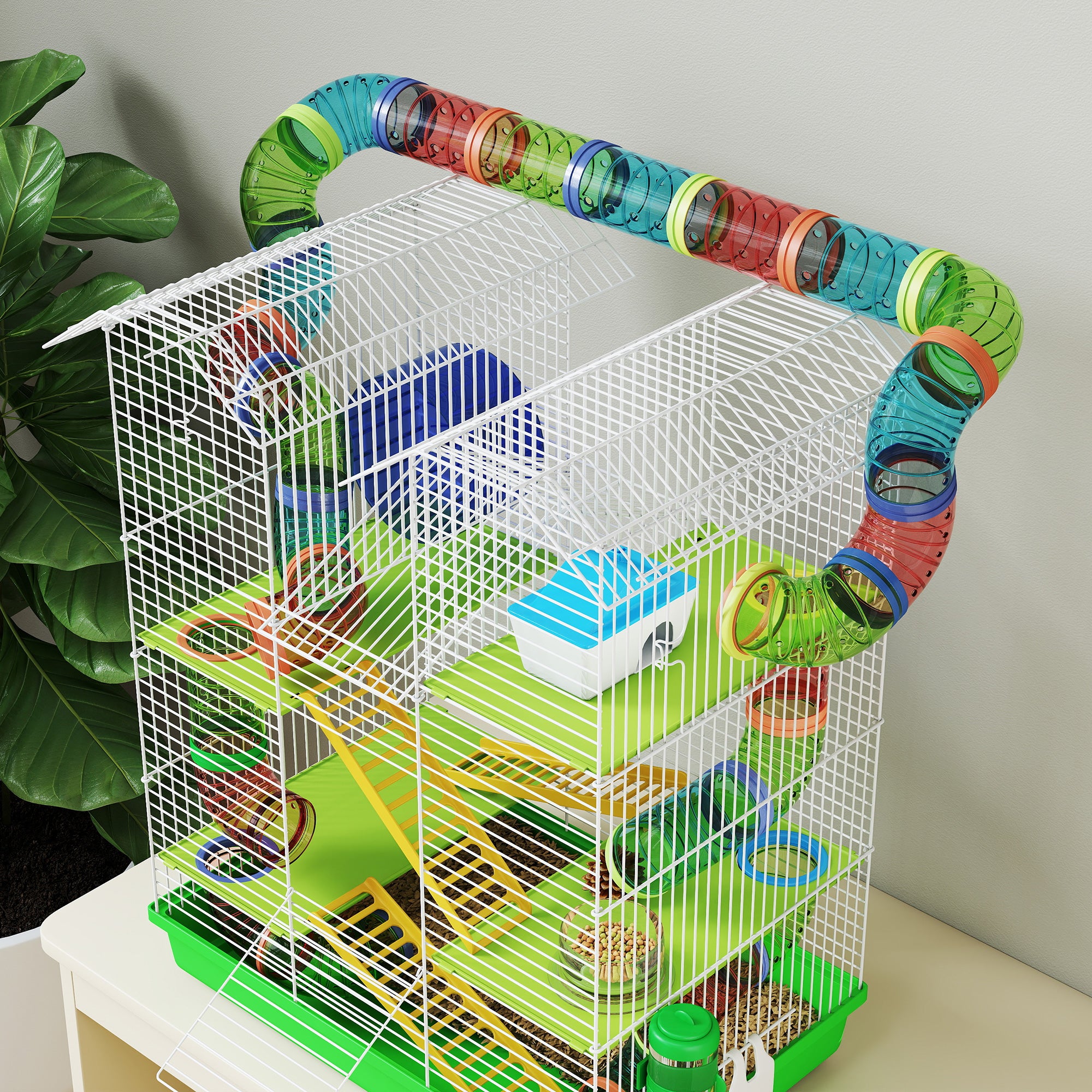 Hamster Mouse Small Animal Rodent Cage with Tunnel Feeder Wheel Toy 47 x 30 x 59 cm Green