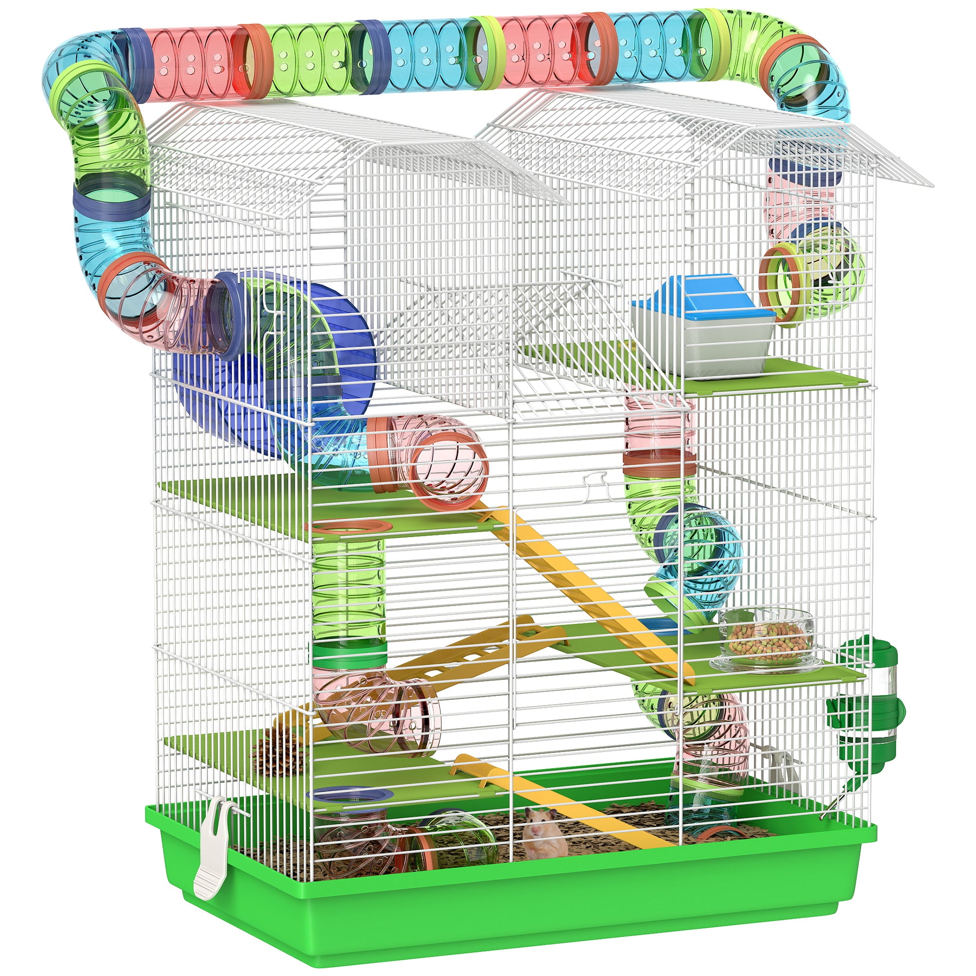 Hamster Mouse Small Animal Rodent Cage with Tunnel Feeder Wheel Toy 47 x 30 x 59 cm Green