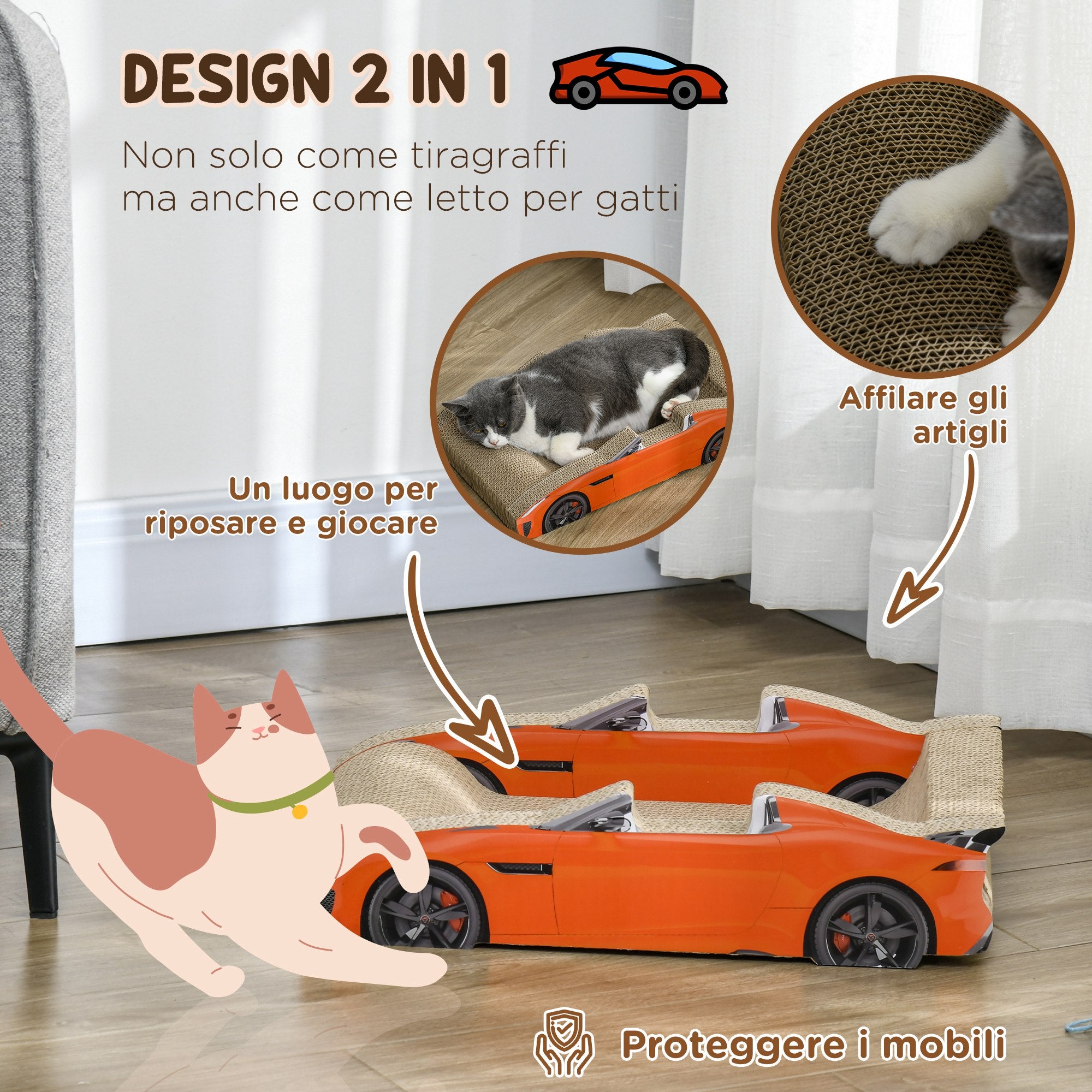 Car Shaped Cat Scratching Post with Catnip, Corrugated Cardboard Cat Scratchboard, 50x30x12.5 cm, Red