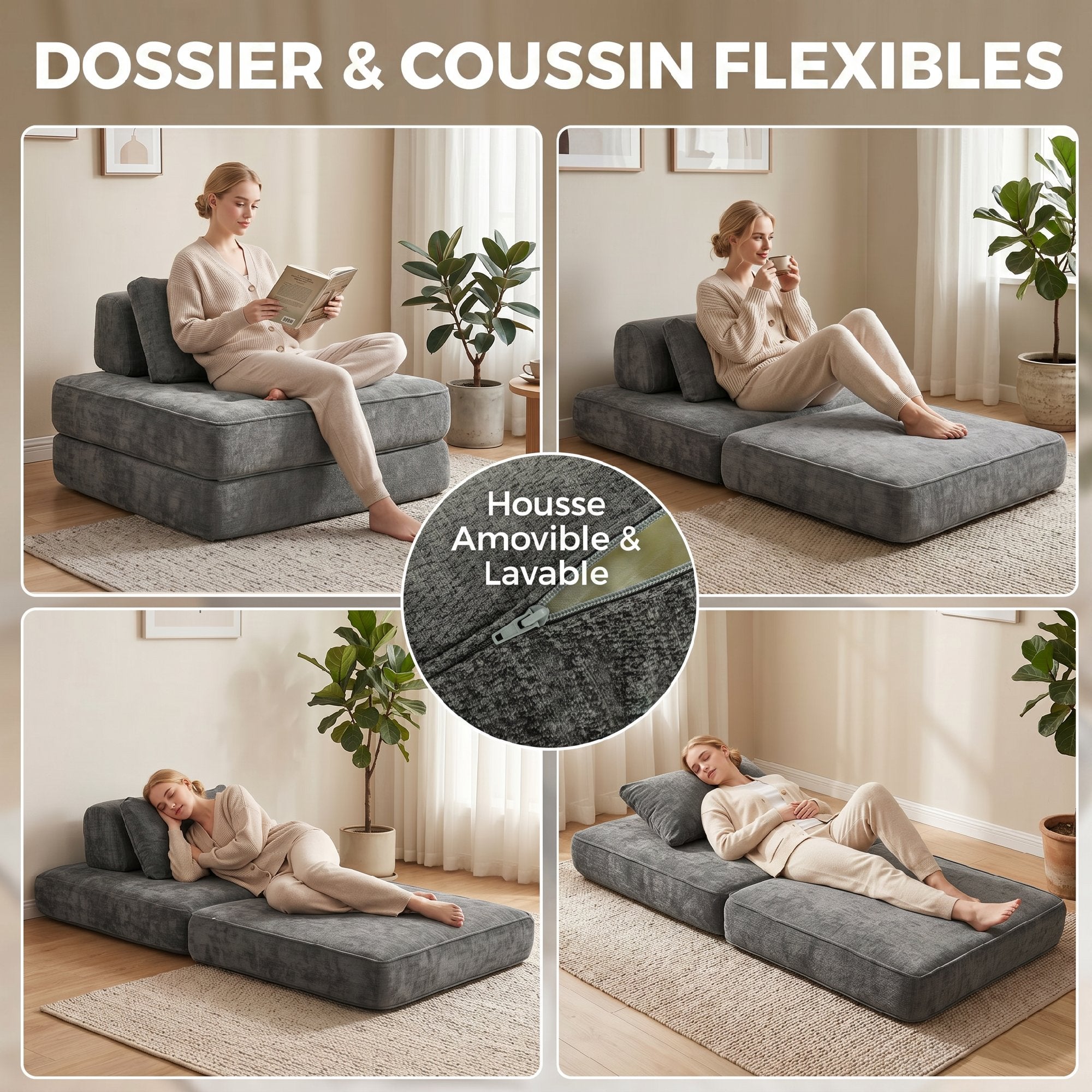 2-in-1 Folding Single Sofa Bed – Chenille Floor Chair with Thick Foldable Mattress, Removable Pillow & Backrest, Compressed, No Assembly, Gray