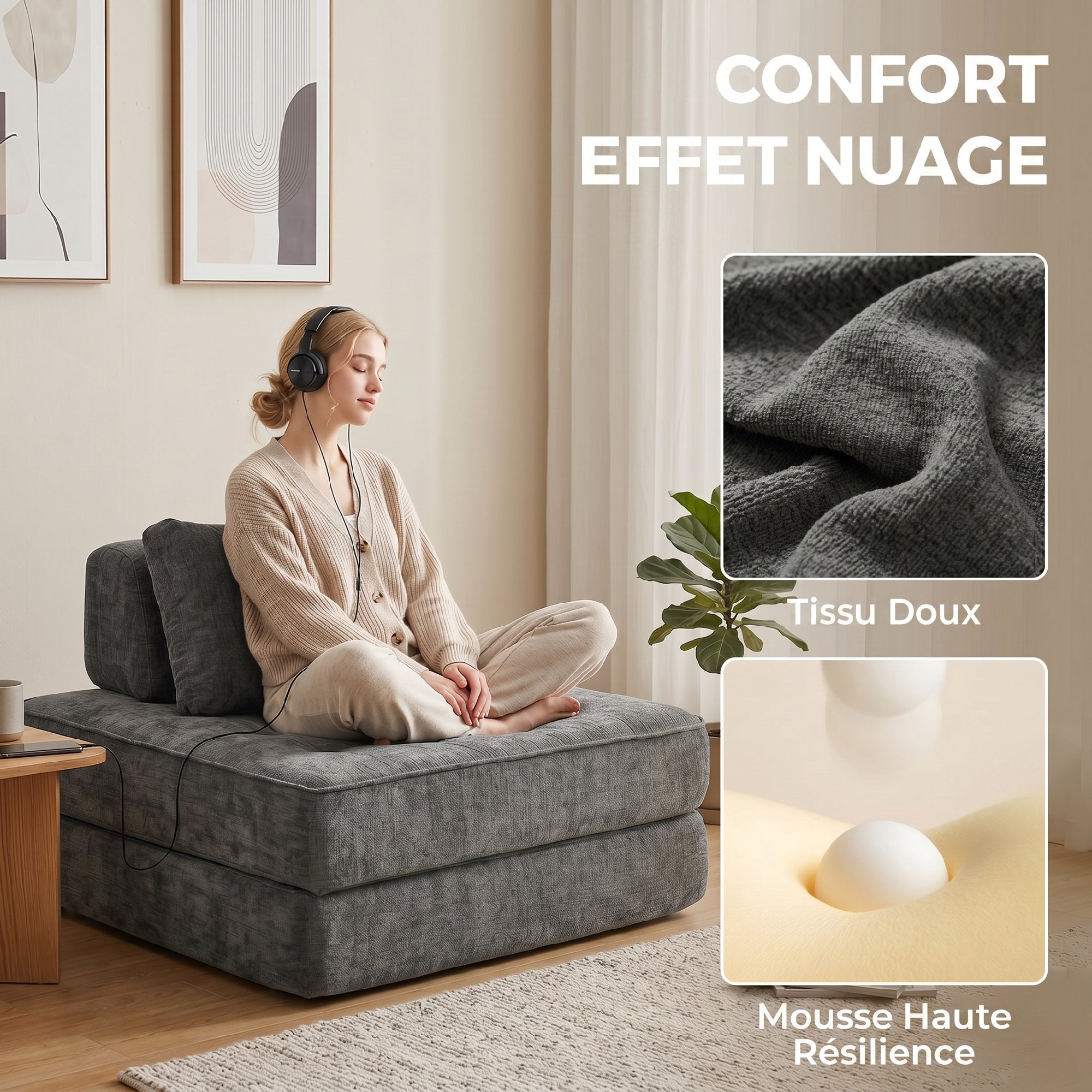 2-in-1 Folding Single Sofa Bed – Chenille Floor Chair with Thick Foldable Mattress, Removable Pillow & Backrest, Compressed, No Assembly, Gray