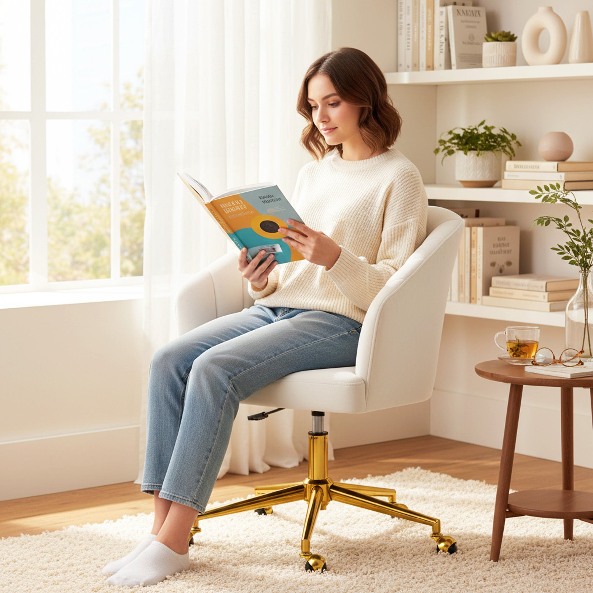 Velvet Office Chair with Casters — Padded Channel Back, Wide Seat, Adjustable Height, High‑Resilience Foam — Cream