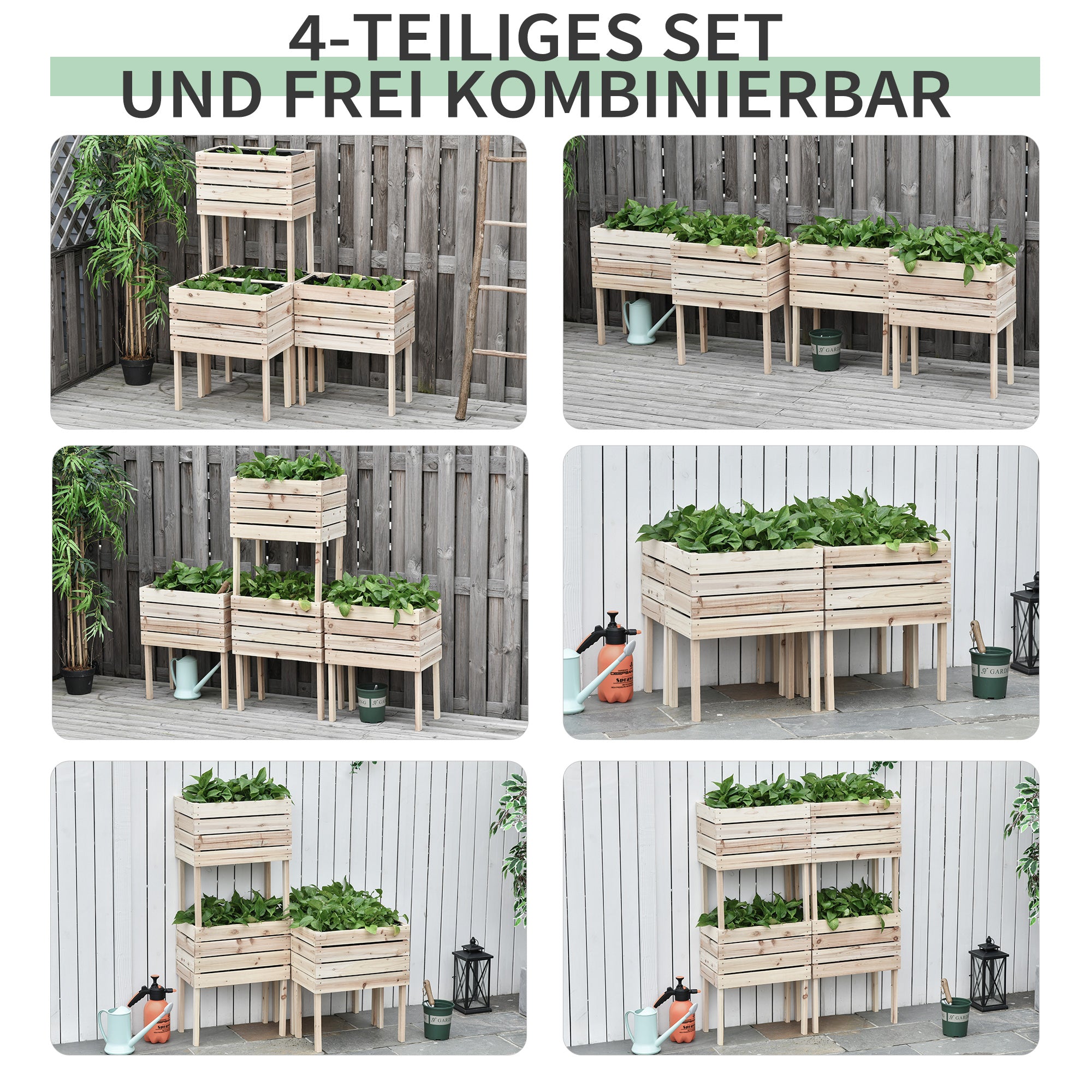 4-Piece Raised Bed Planters Wooden Planting Box 4 Combination Modes in Garden and Balcony 50 x 30 x 60 cm Natural