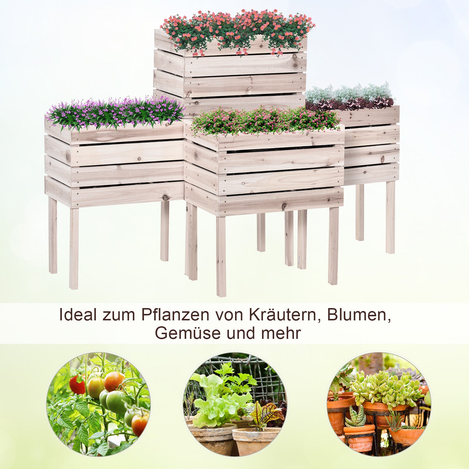 4-Piece Raised Bed Planters Wooden Planting Box 4 Combination Modes in Garden and Balcony 50 x 30 x 60 cm Natural