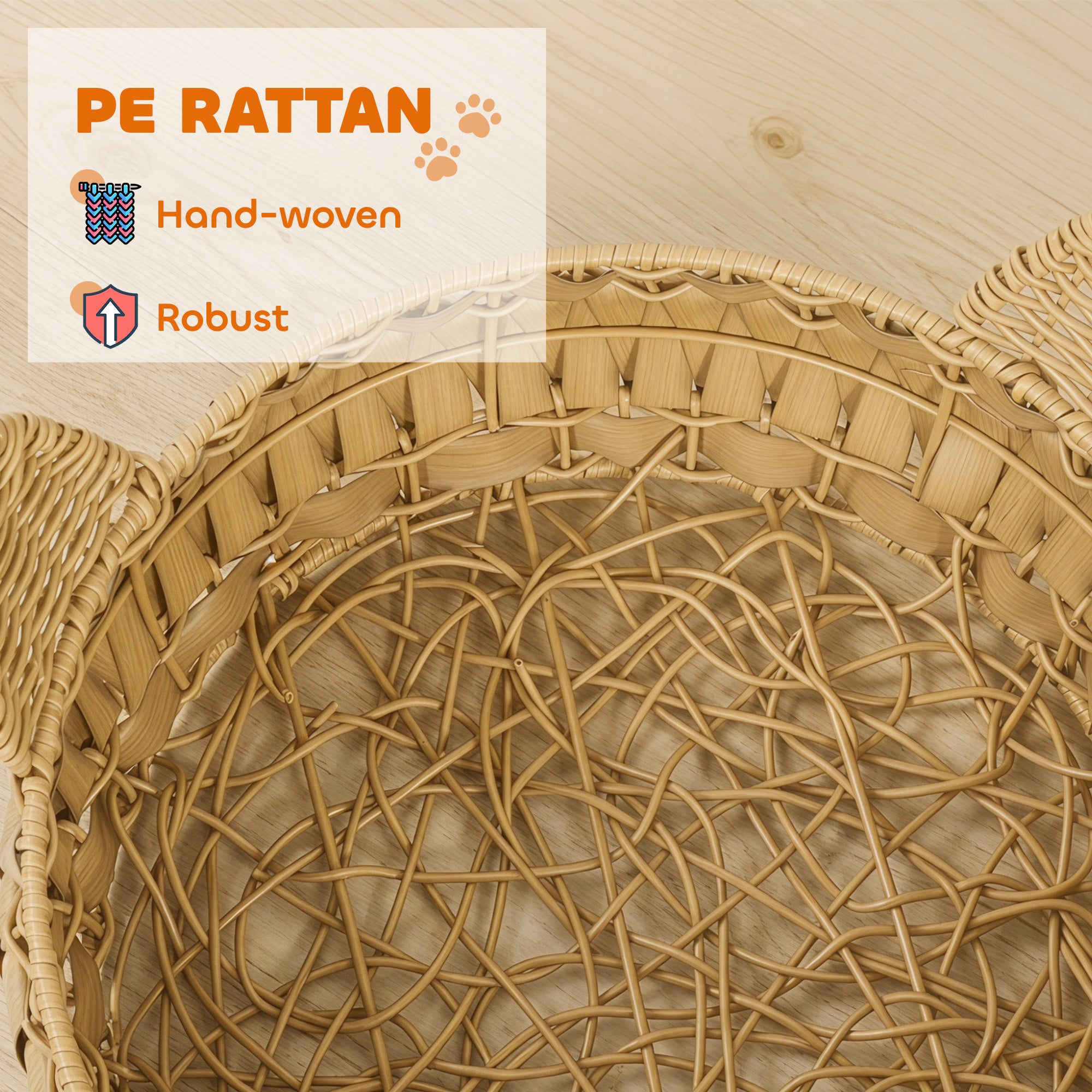 Rattan Cat Bed with Removable Cushion — Cat Cave for Cats up to 22 lb, 19.7" x 19.7" x 9.8", Light Brown