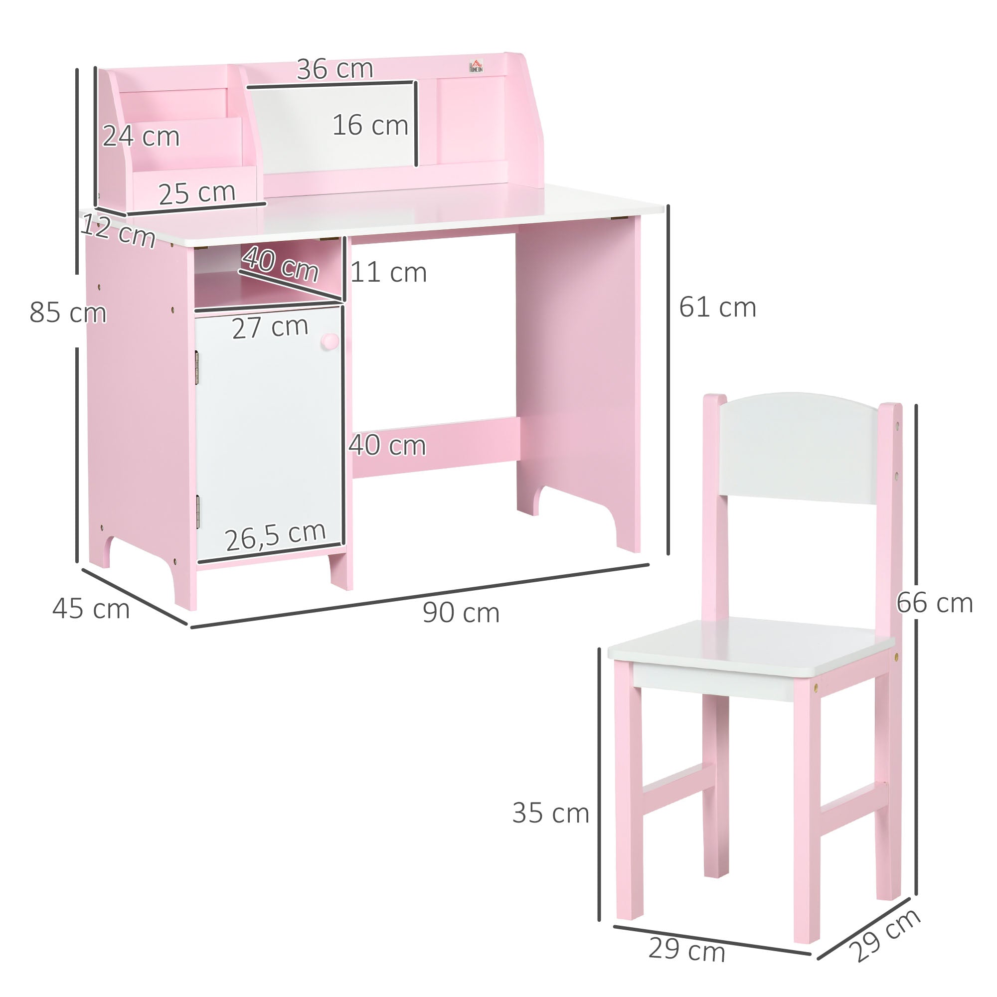 Kids Wooden Table and Chair Set with Whiteboard Study Desk for Children 5+ Years Children's Writing Desk Furniture 90x45x85 cm Pink