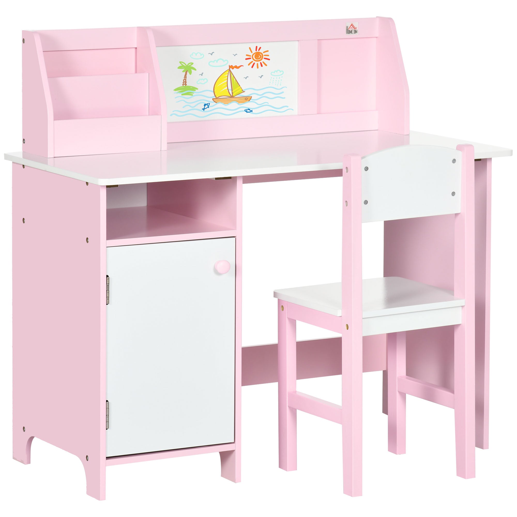 Kids Wooden Table and Chair Set with Whiteboard Study Desk for Children 5+ Years Children's Writing Desk Furniture 90x45x85 cm Pink