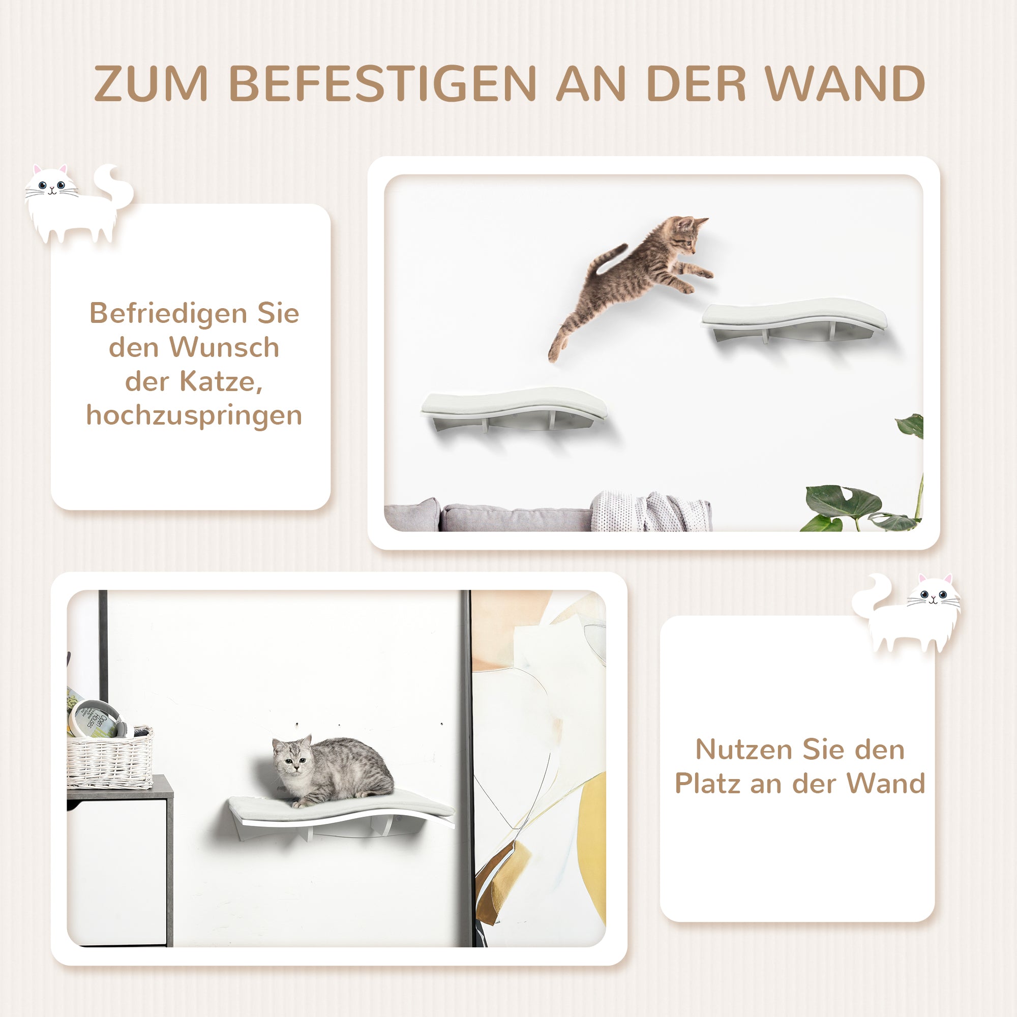 Cat Climbing Wall Cat Hammock Cat Bed Wall Cat Shelf Wall-mounted Cat Furniture Plush MDF White 53 x 28 x 12 cm