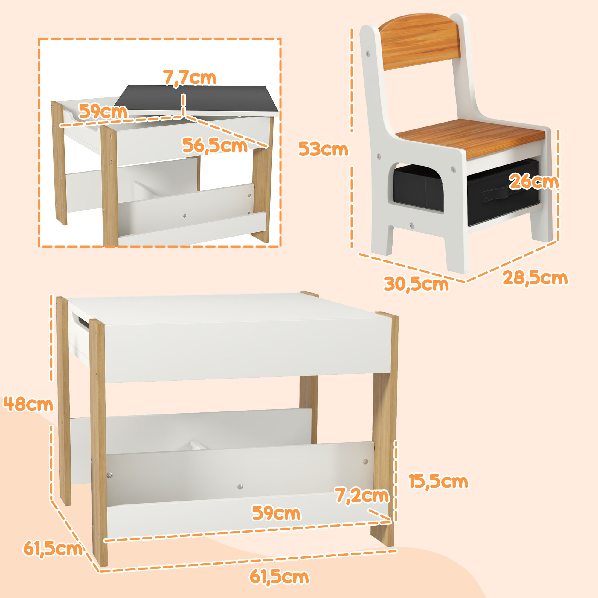 3-piece Set Table and 2 Chairs for Kids with Reversible Tabletop, Chalkboard, Storage Basket, Natural Wood Shelves