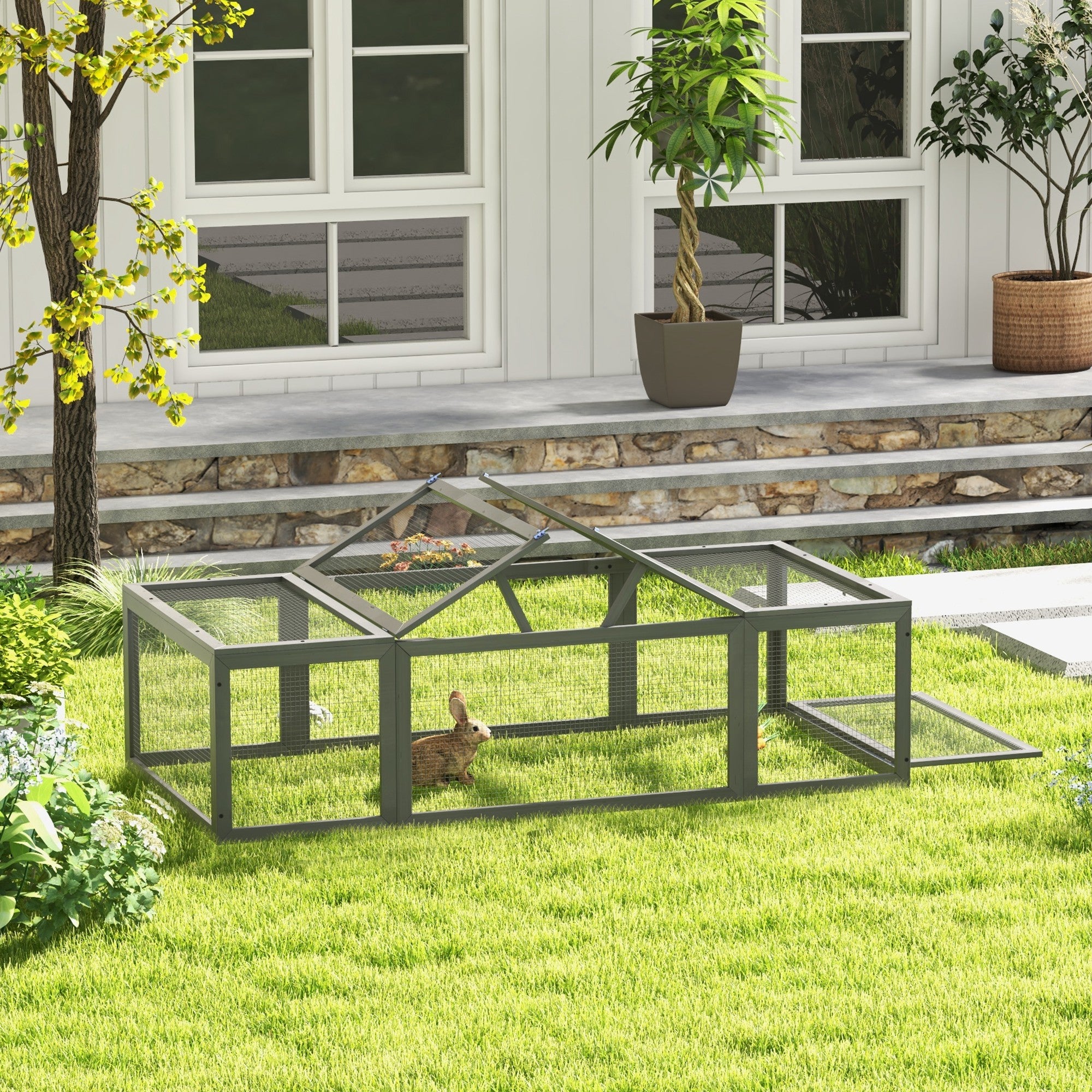 Rabbit Hutch Rabbit Hutch made of Fir Wood Winter-Proof Rabbit Cage with foldable Roof 180x90x48 cm Rabbit Cage Outdoor Small Animal Hutch for Rabbits Guinea Pigs Gray