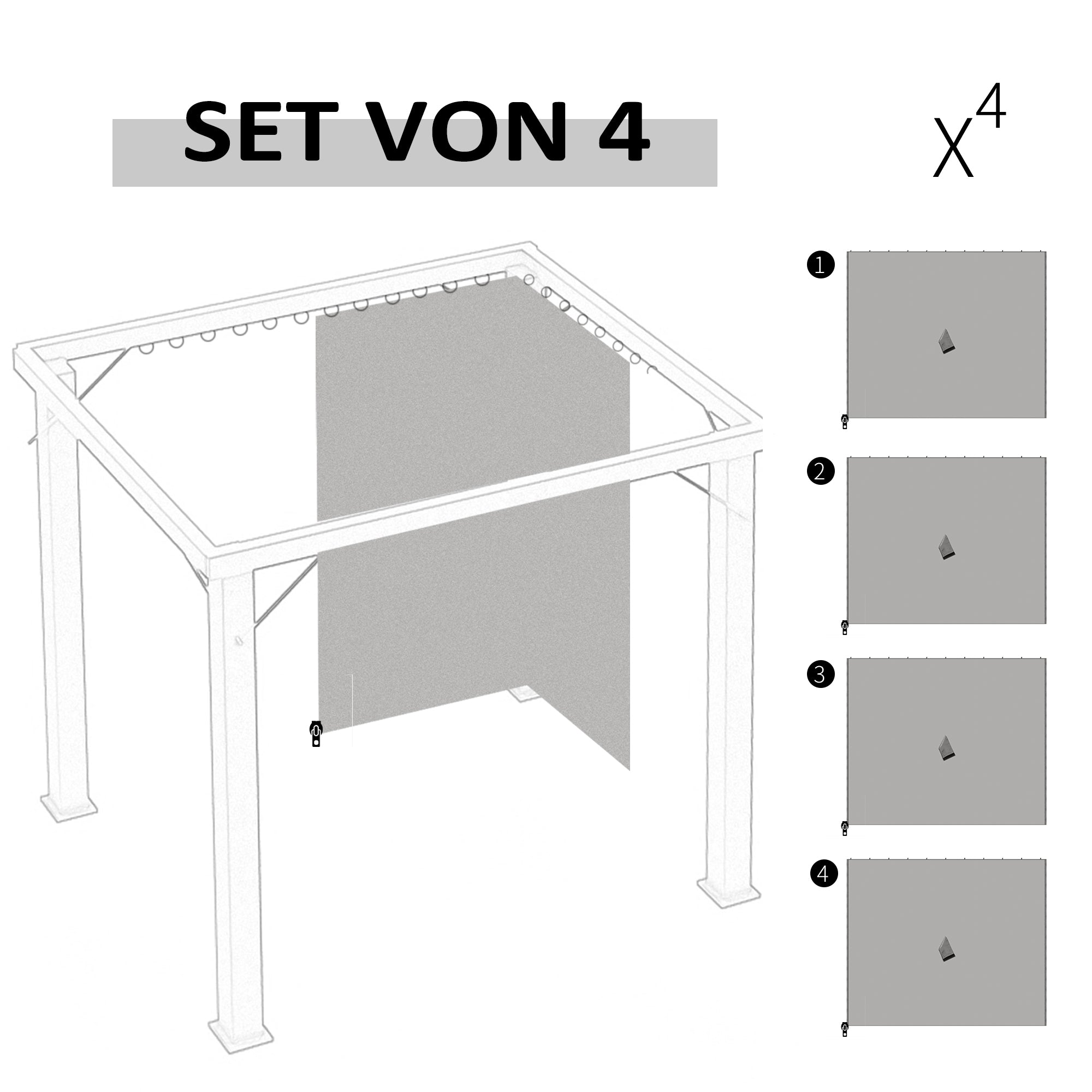 Side Wall 4-Piece Set for 3x3m Pavilion Side Panels with Hooks 302 x 205 cm Waterproof Stable Winterproof Side Panel Side Walls for Party Tent Garden Pavilion Light Gray