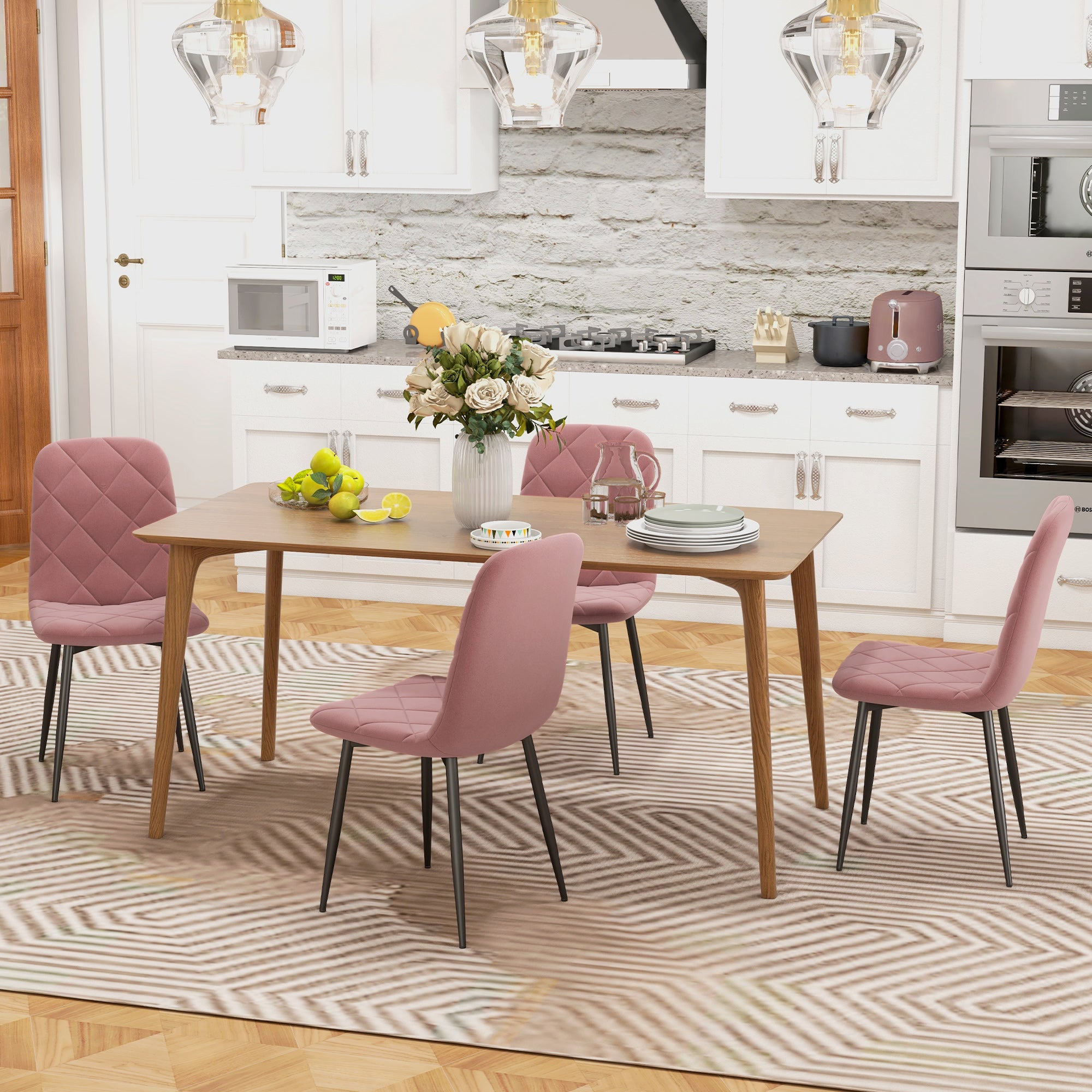 Dining Chairs 4-Piece Set Kitchen Chair with Backrest, Velvet Look, Modern Armchair Upholstered Chairs with Steel Legs for Dining Room, Dining Table, Pink