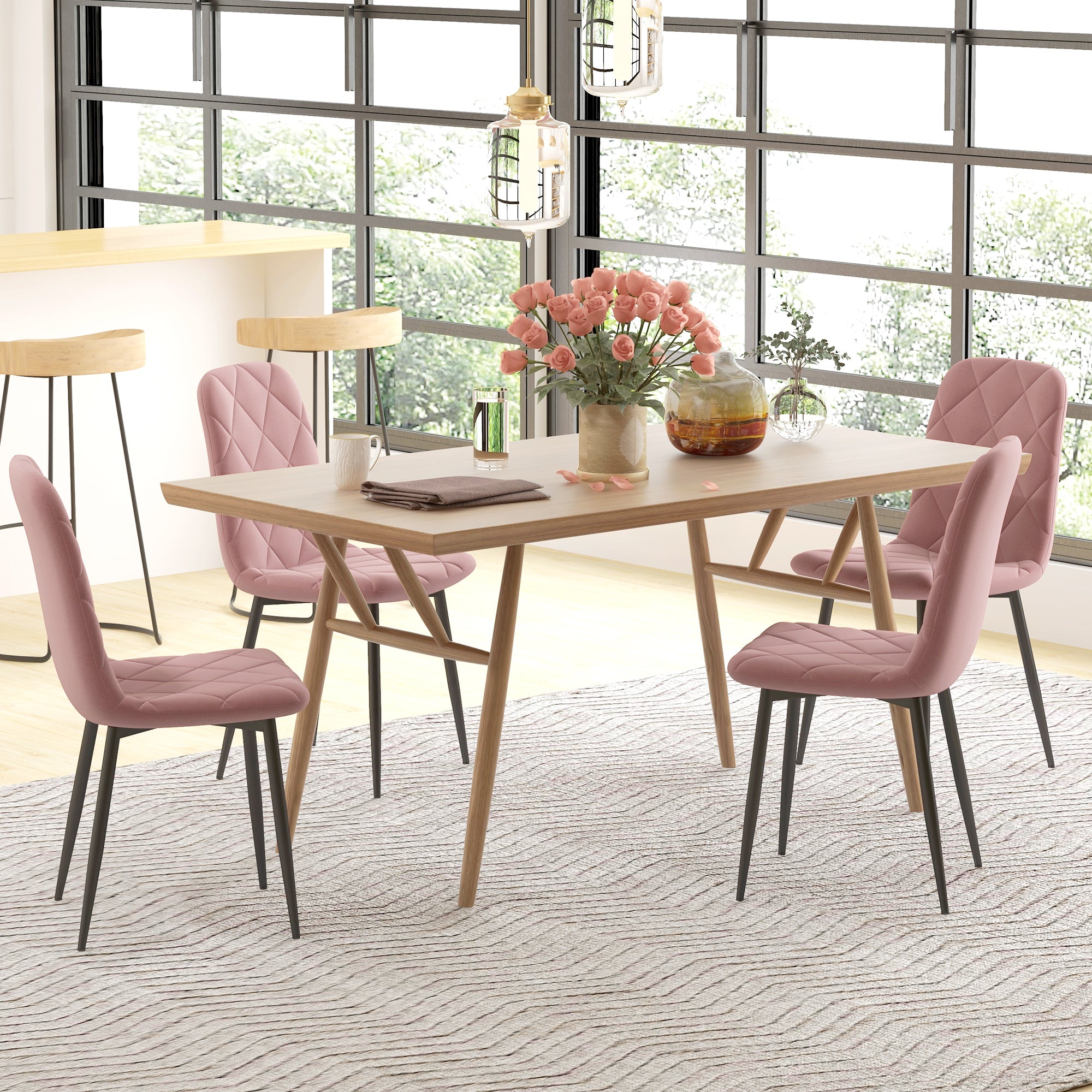 Dining Chairs 4-Piece Set Kitchen Chair with Backrest, Velvet Look, Modern Armchair Upholstered Chairs with Steel Legs for Dining Room, Dining Table, Pink