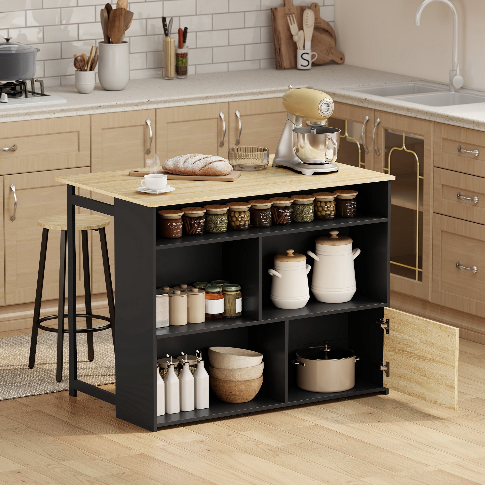 Extendable Bar Table with Drop-Leaf — High Kitchen Table with 1 Cabinet & 4 Open Compartments, Modern Two-Tone Design for Small Spaces, 45.7 x 31.3 x 35.6 in, Black