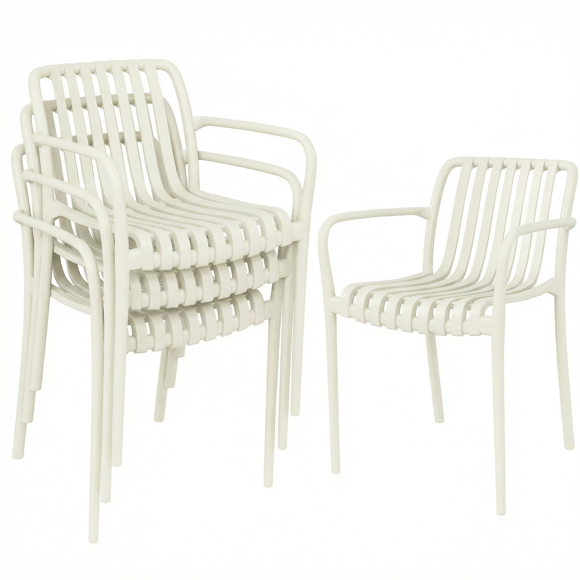 4-Pack Stackable Patio Chairs with Slatted Design & Armrests — Cream White, Ergonomic, 265 lb Capacity